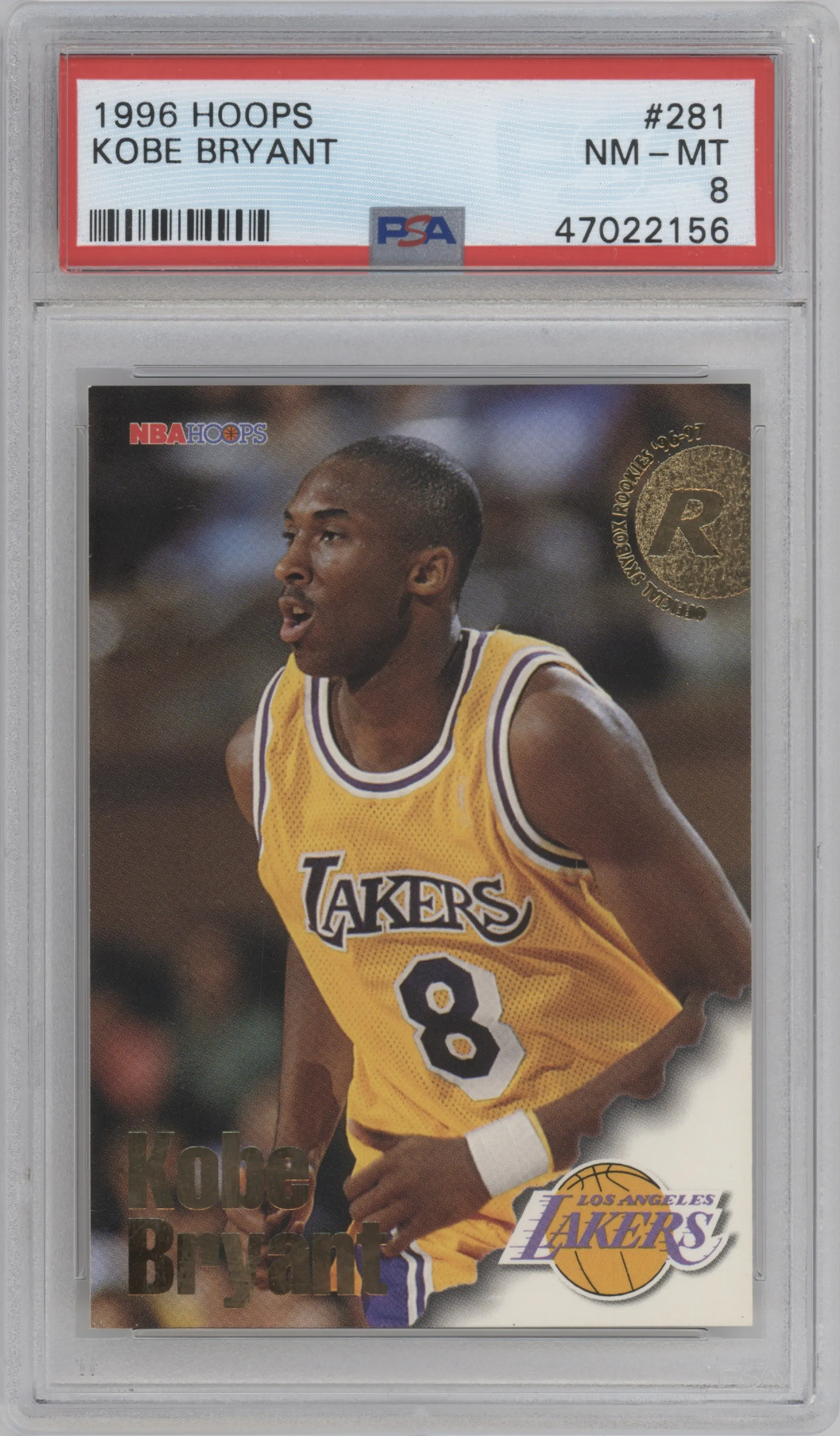 Kobe Bryant from the 1996-97 NBA Hoops set graded by PSA and given an overall grade of 8.