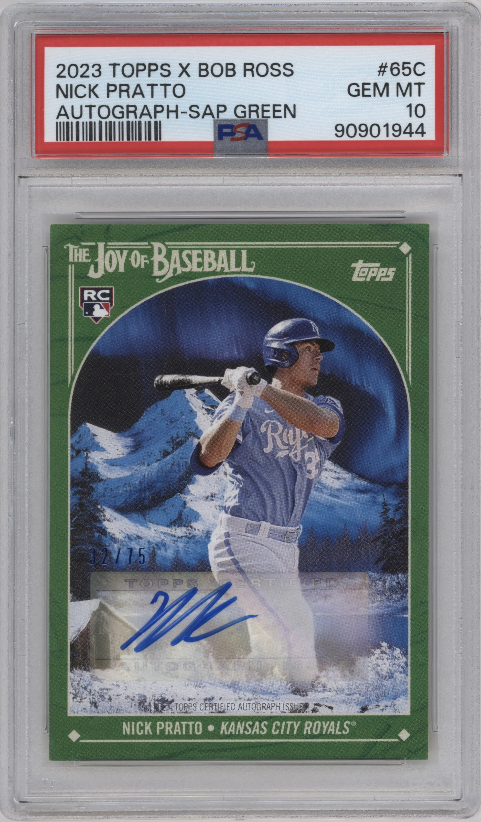 Nick Pratto from the 2023 Topps X Bob Ross The Joy of Baseball set featuring a Sap Green parallel graded by PSA and given an overall grade of 10.