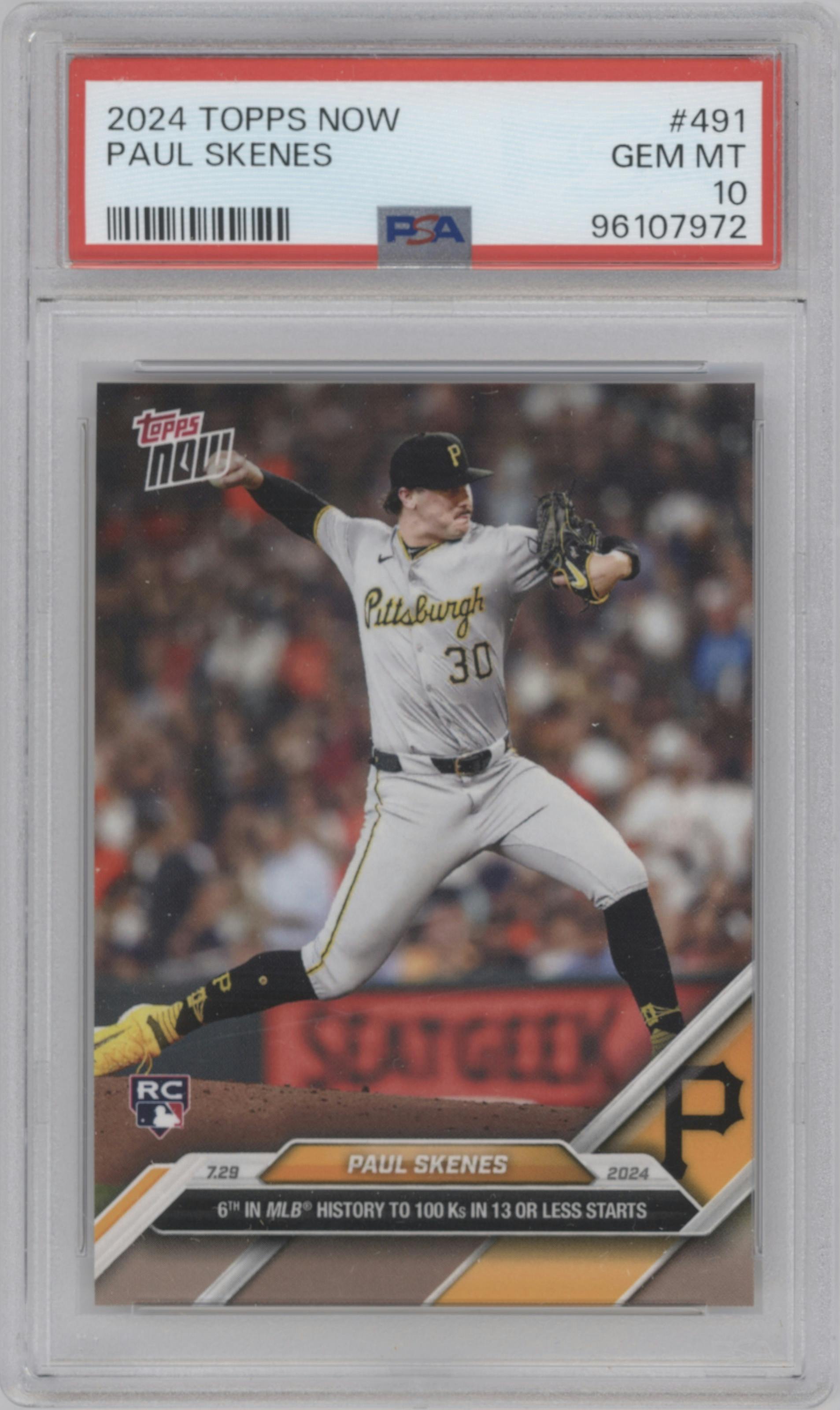 Paul Skenes from the 2024 Topps Now set graded by PSA and given an overall grade of 10.