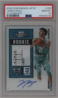 LaMelo Ball from the 2020-21 Panini Contenders Optic set graded by PSA and given an overall grade of 10.