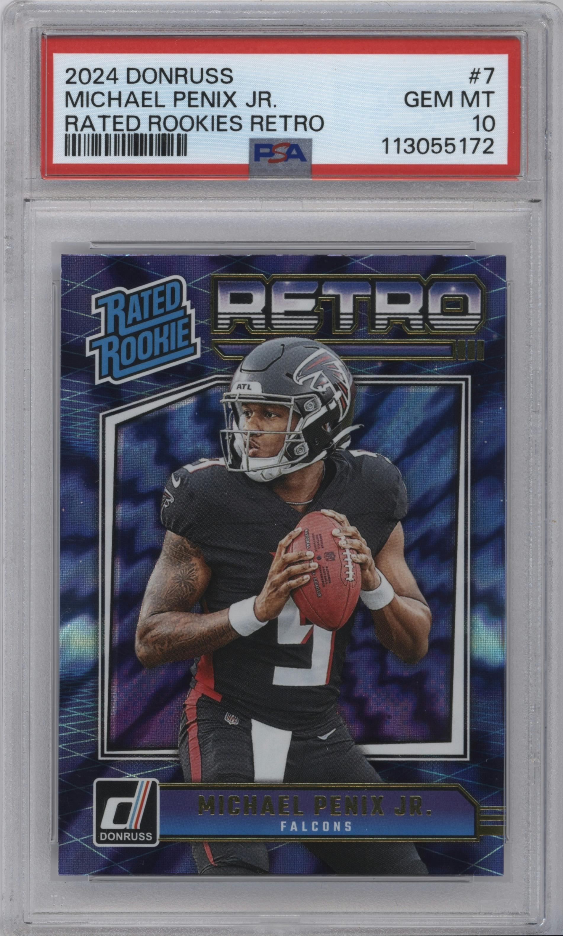 Michael Penix Jr. from the 2024 Donruss set graded by PSA and given an overall grade of 10.