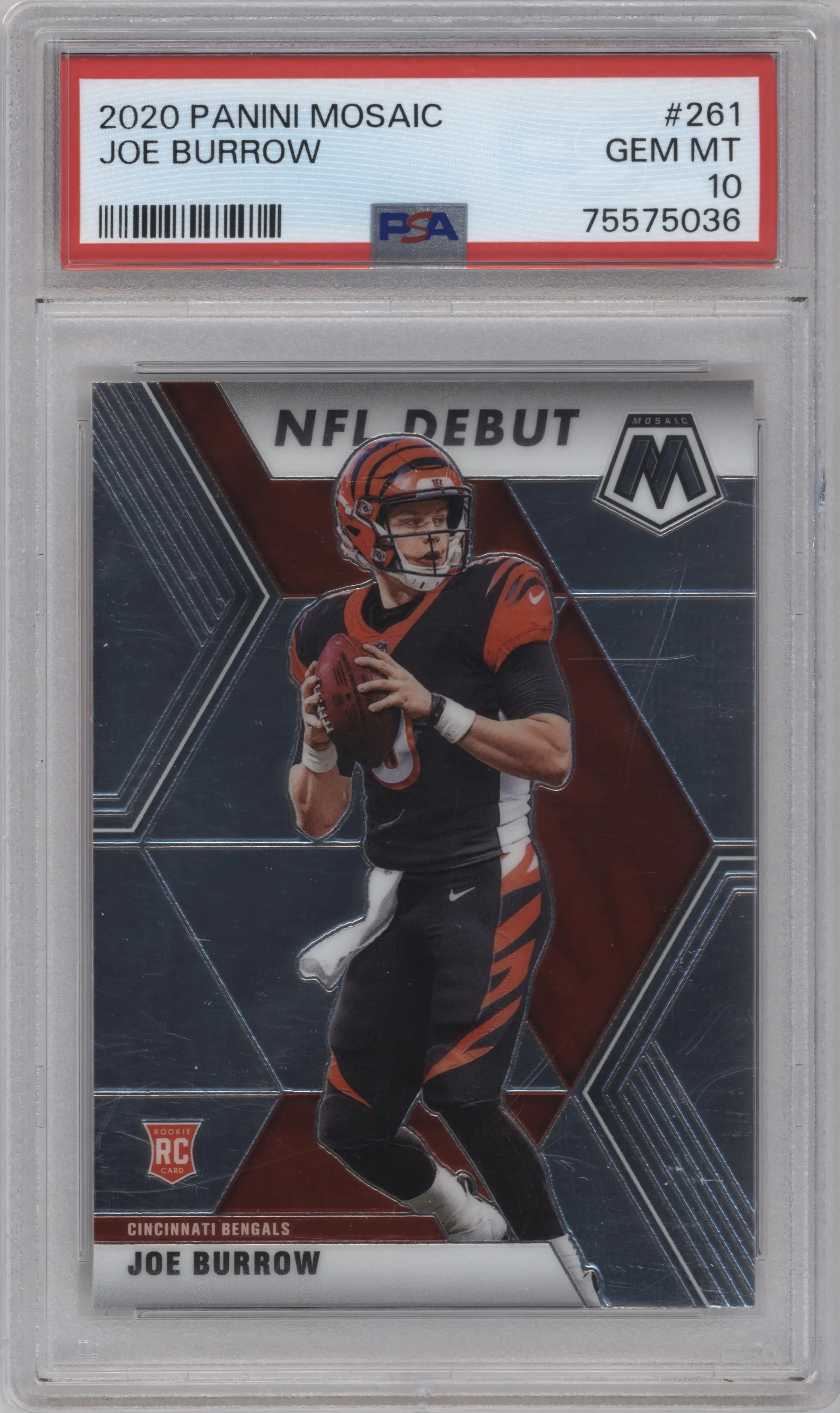 Joe Burrow from the 2020 Panini Mosaic set graded by PSA and given an overall grade of 10.