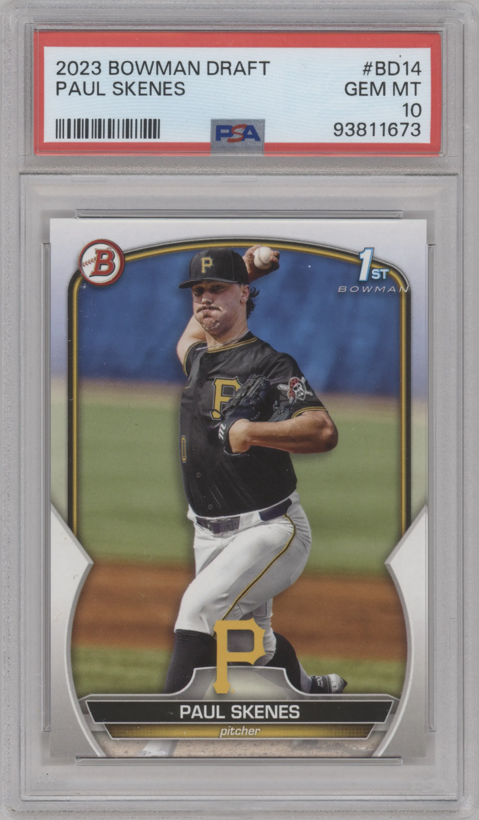 Paul Skenes from the 2023 Bowman Draft set graded by PSA and given an overall grade of 10.