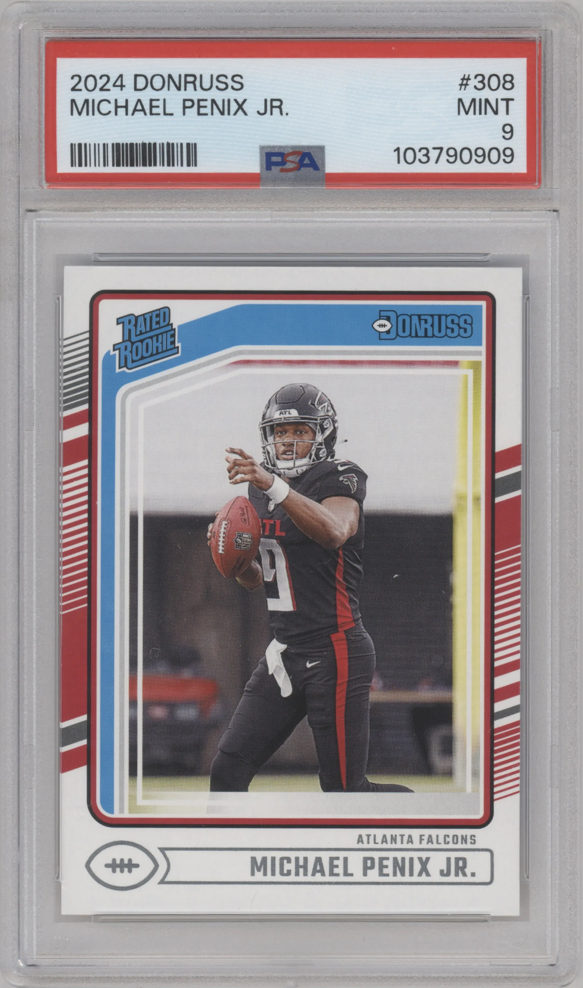 Michael Penix Jr. from the 2024 Donruss set graded by PSA and given an overall grade of 9.