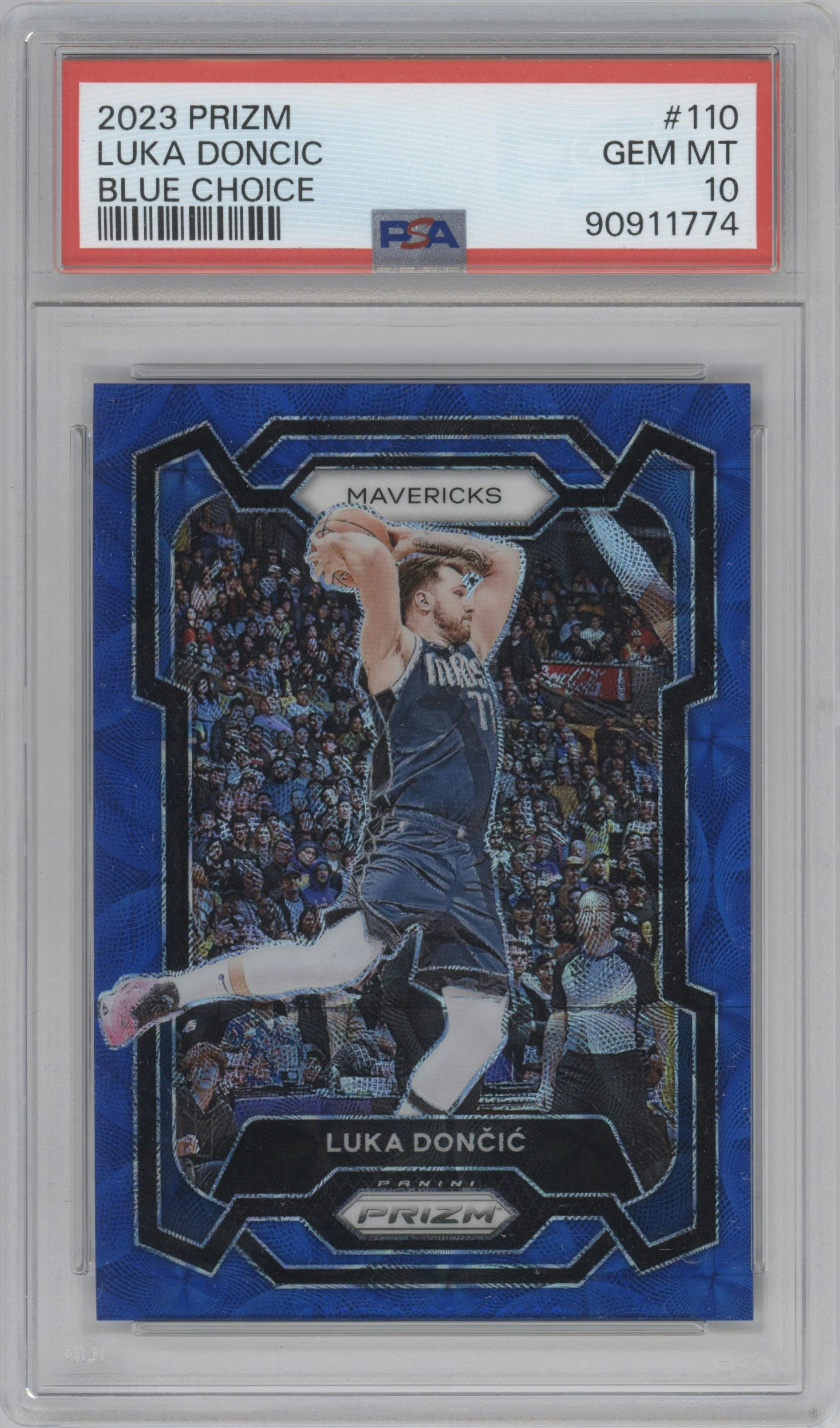 Luka Doncic from the 2023-24 Panini Prizm set featuring a Choice Blue parallel graded by PSA and given an overall grade of 10.