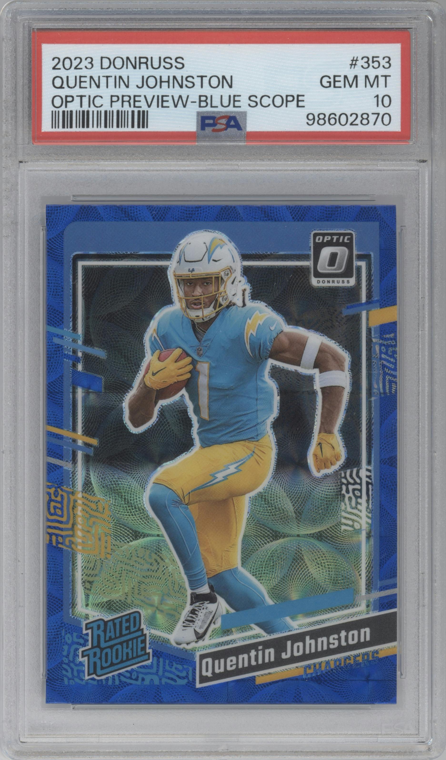 Quentin Johnston from the 2023 Panini Donruss set featuring a Blue Scope parallel graded by PSA and given an overall grade of 10.