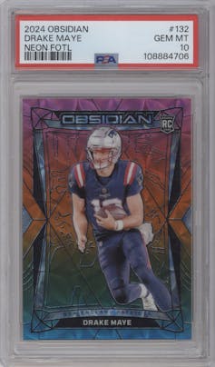 Drake Maye from the 2024 Panini Obsidian set featuring a Neon FOTL parallel graded by PSA and given an overall grade of 10.