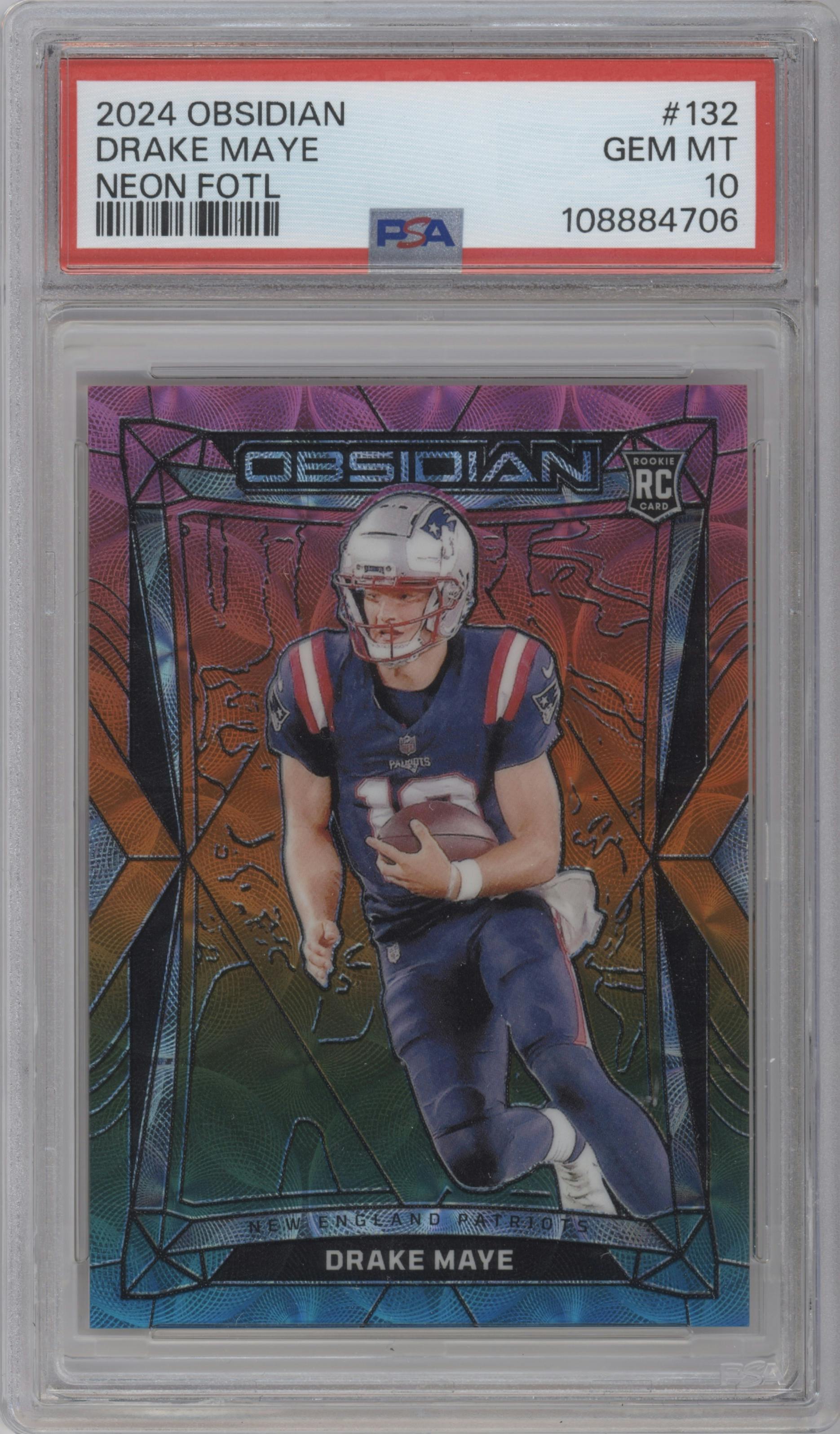 Drake Maye from the 2024 Panini Obsidian set featuring a Neon FOTL parallel graded by PSA and given an overall grade of 10.