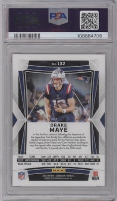 Drake Maye from the 2024 Panini Obsidian set featuring a Neon FOTL parallel graded by PSA and given an overall grade of 10.