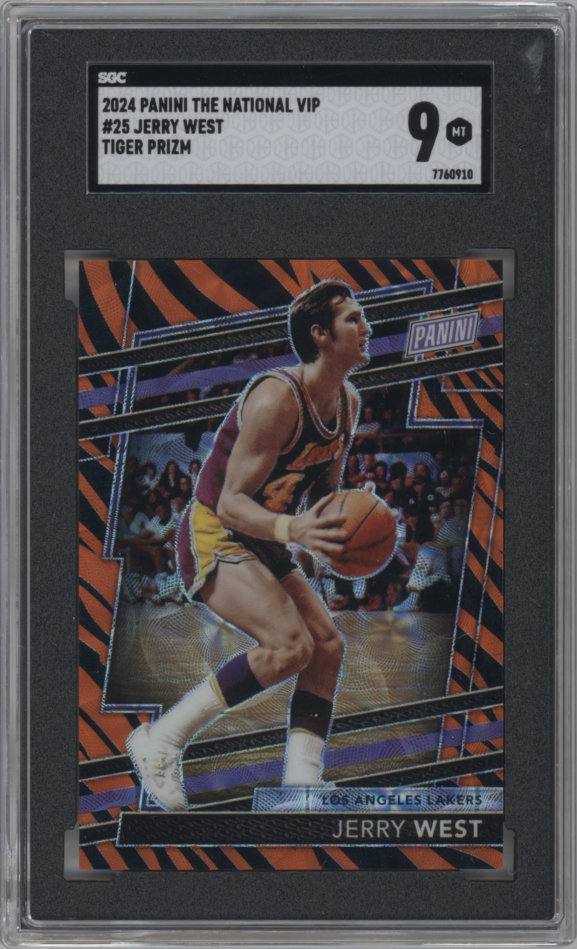 Jerry West from the 2024 Panini The National VIP set featuring a Tiger Stripes parallel graded by SGC and given an overall grade of 9.