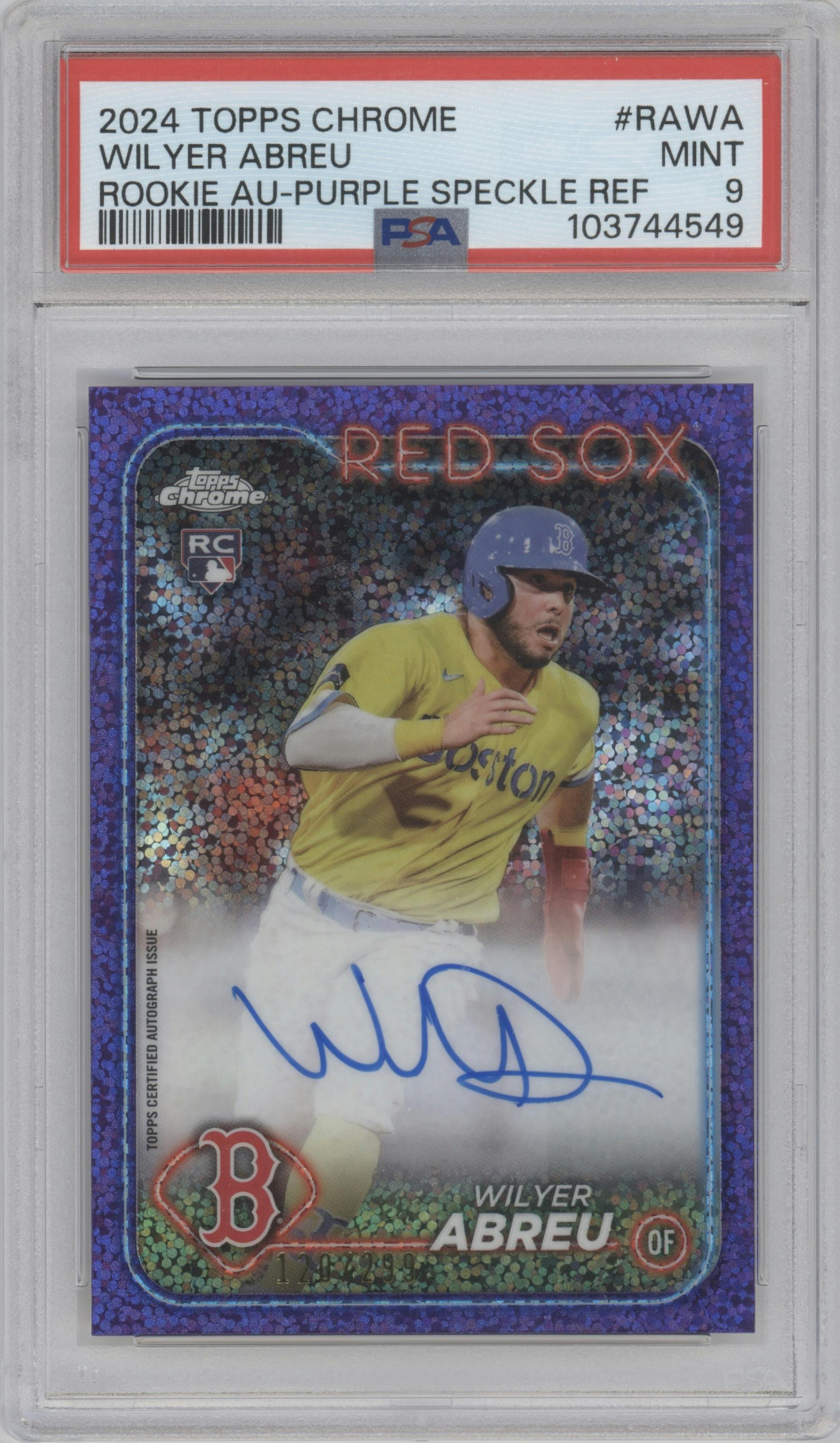 Wilyer Abreu from the 2024 Topps Chrome set featuring a Purple Speckle Refractor parallel graded by PSA and given an overall grade of 9.