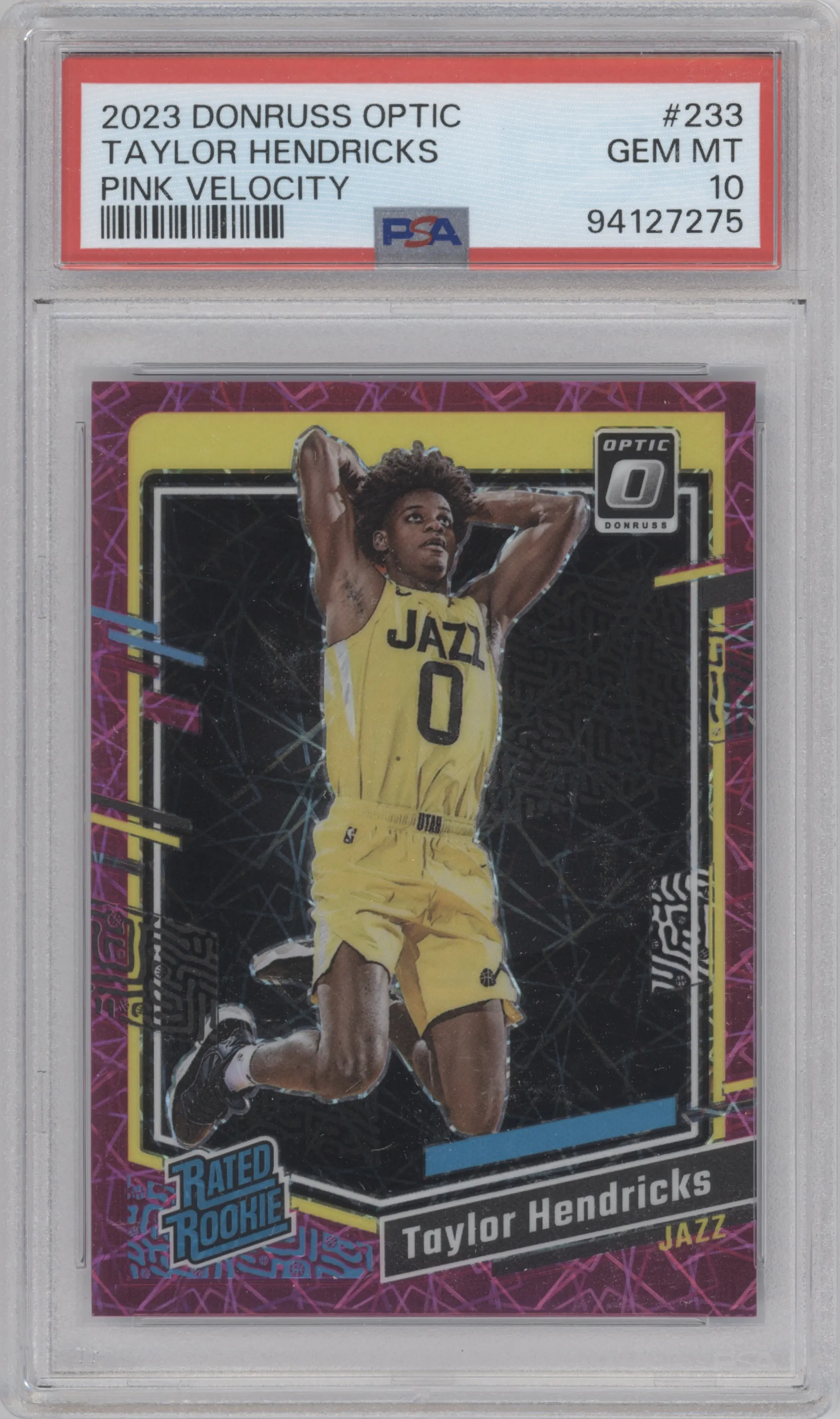 Taylor Hendricks from the 2023-24 Donruss Optic set featuring a Pink Velocity parallel graded by PSA and given an overall grade of 10.