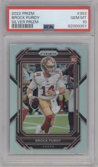 Brock Purdy from the 2022 Panini Prizm set featuring a Silver Prizm parallel graded by PSA and given an overall grade of 10.