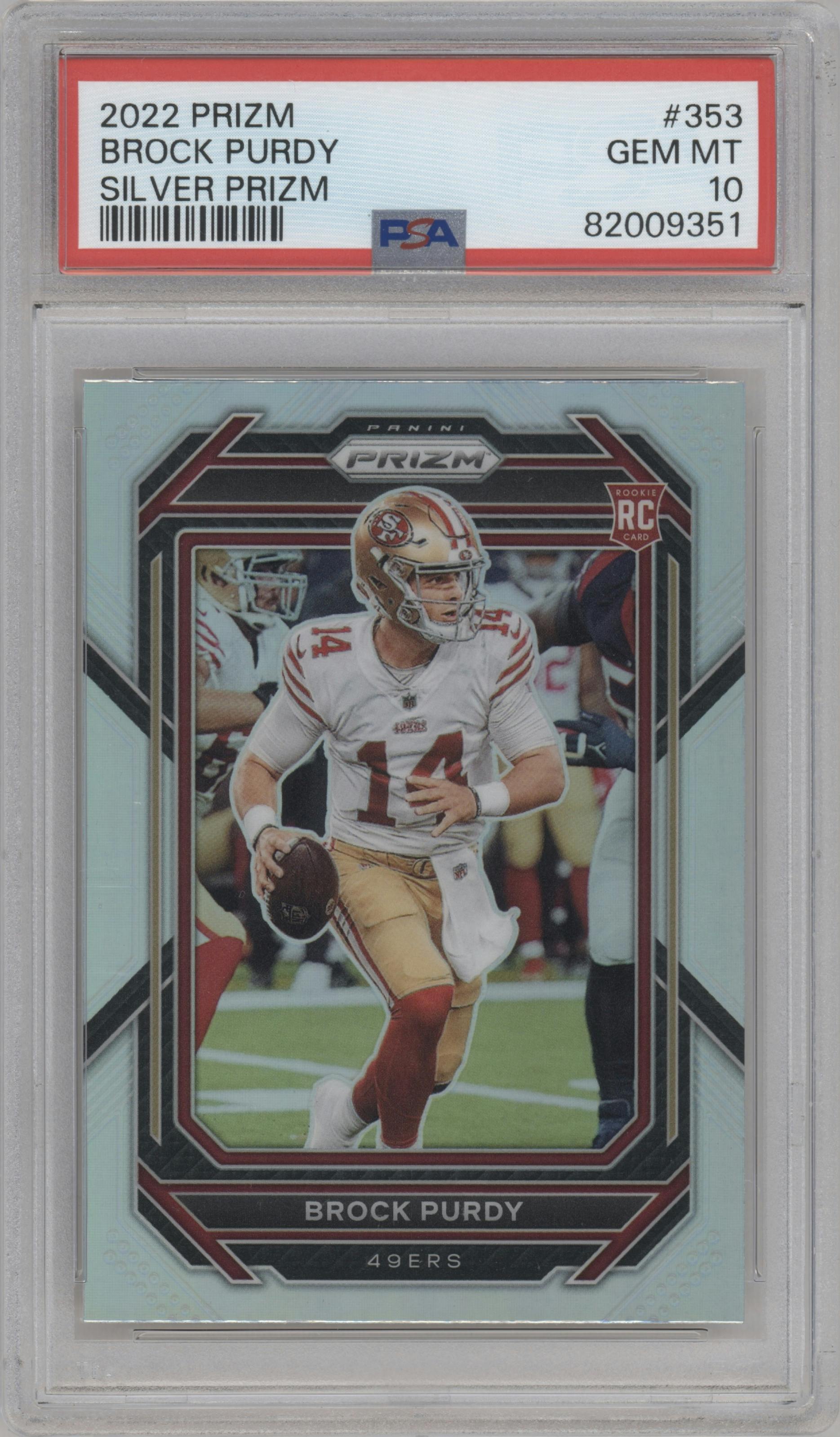 Brock Purdy from the 2022 Panini Prizm set featuring a Silver Prizm parallel graded by PSA and given an overall grade of 10.