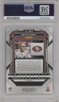 Brock Purdy from the 2022 Panini Prizm set featuring a Silver Prizm parallel graded by PSA and given an overall grade of 10.