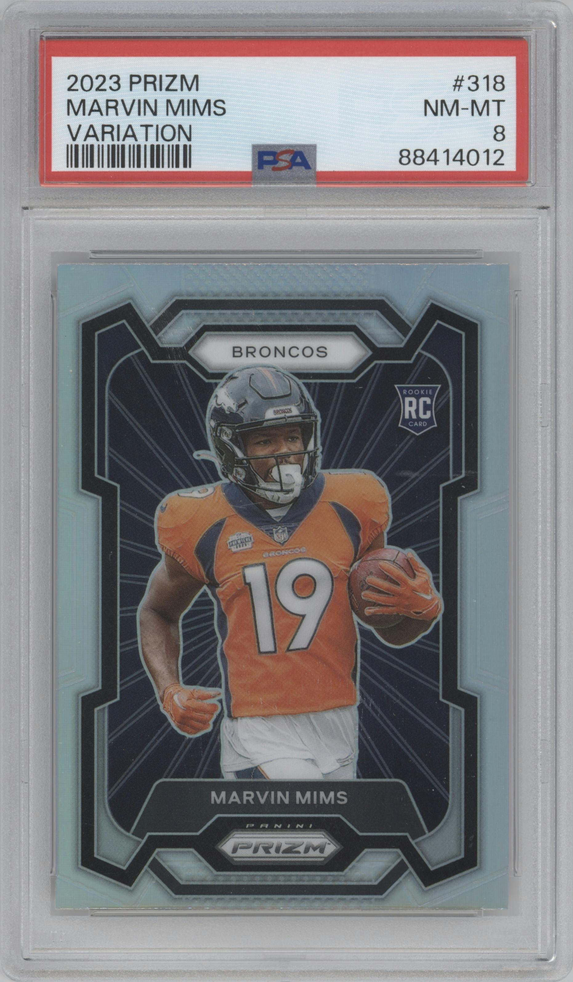 Marvin Mims from the 2023 Panini Prizm set featuring a Silver Prizm parallel graded by PSA and given an overall grade of 8.