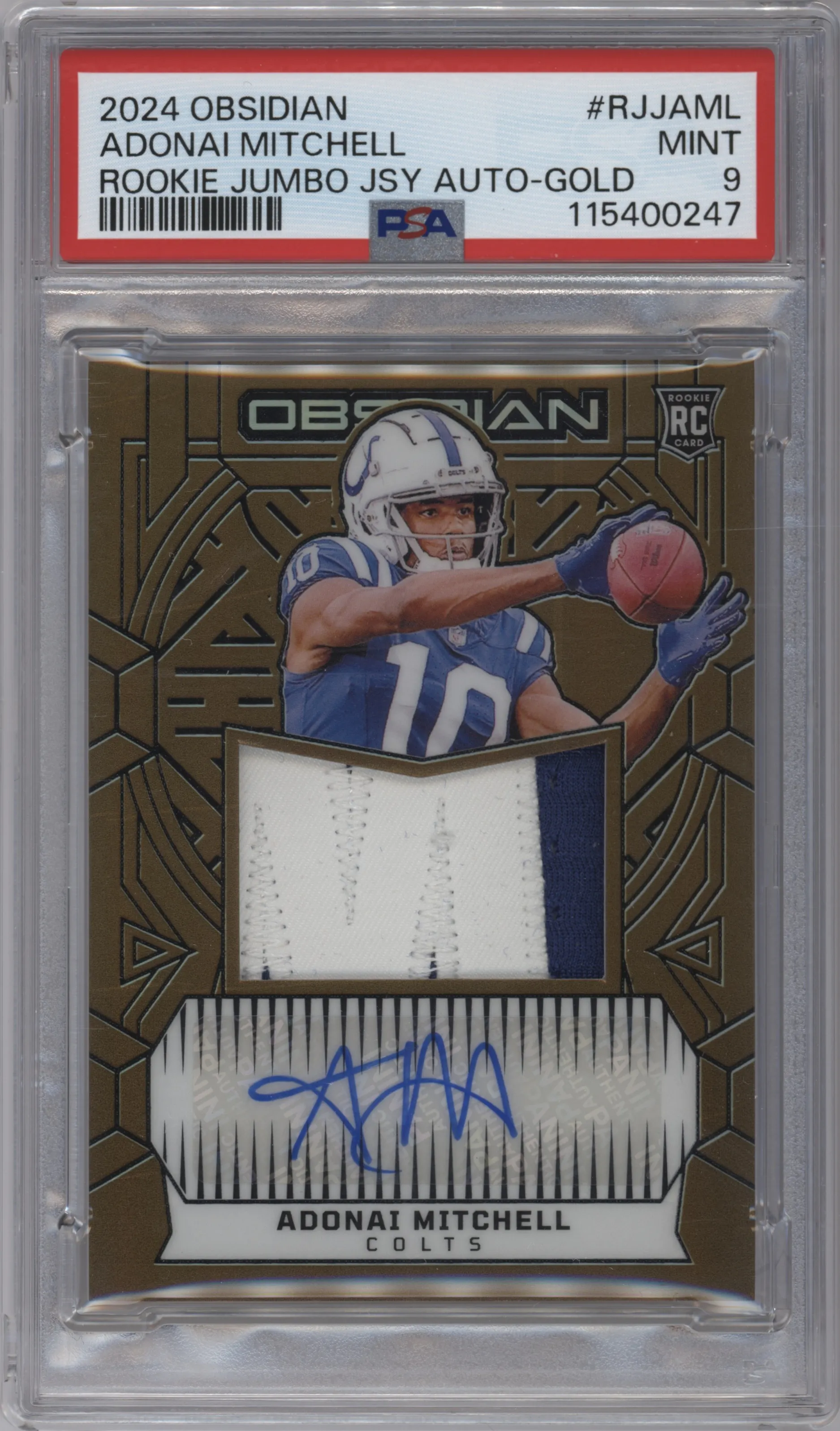 Adonai Mitchell from the 2024 Panini Obsidian set featuring a Gold parallel graded by PSA and given an overall grade of 9.