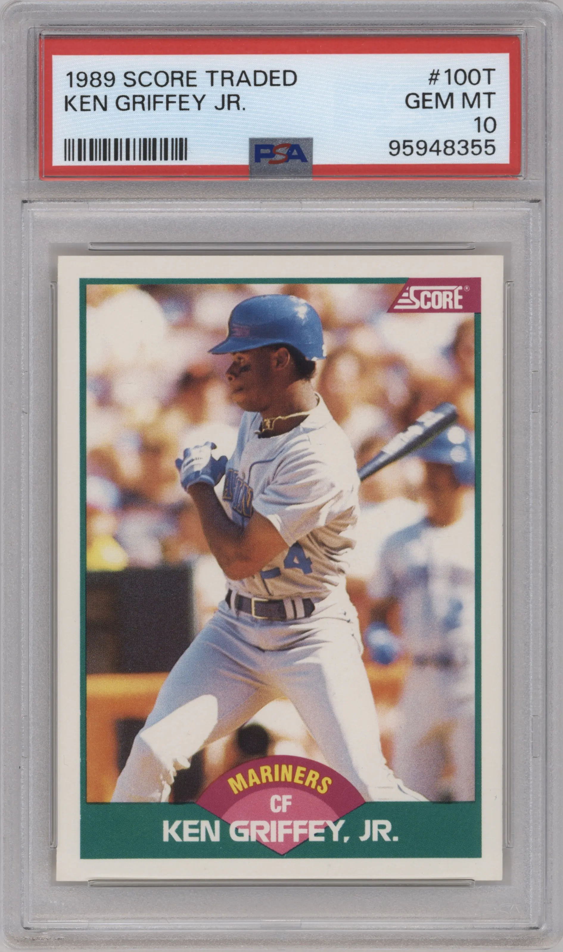 Ken Griffey, Jr. from the 1989 Score Rookie & Traded set graded by PSA and given an overall grade of 10.