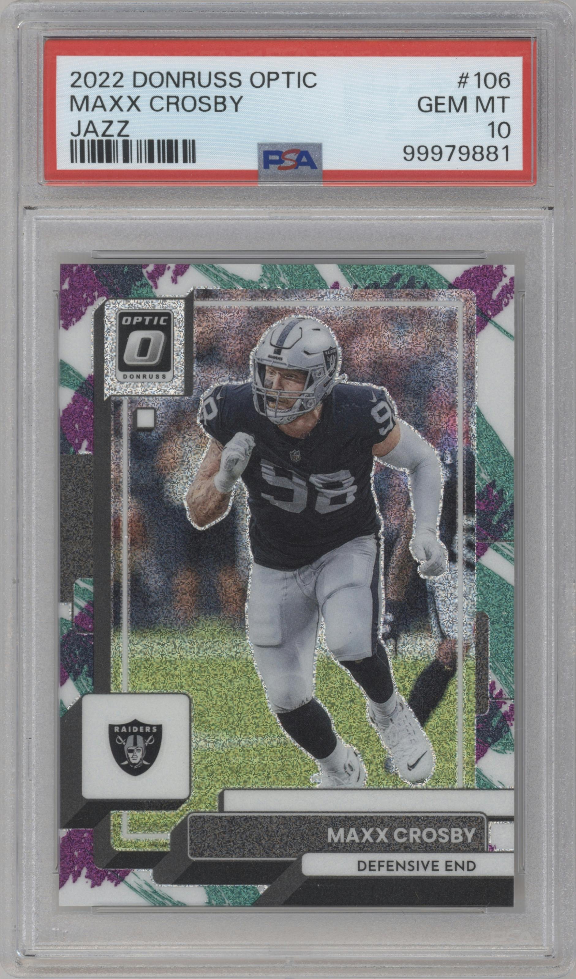 Maxx Crosby from the 2022 Panini Donruss Optic set featuring a Jazz parallel graded by PSA and given an overall grade of 10.