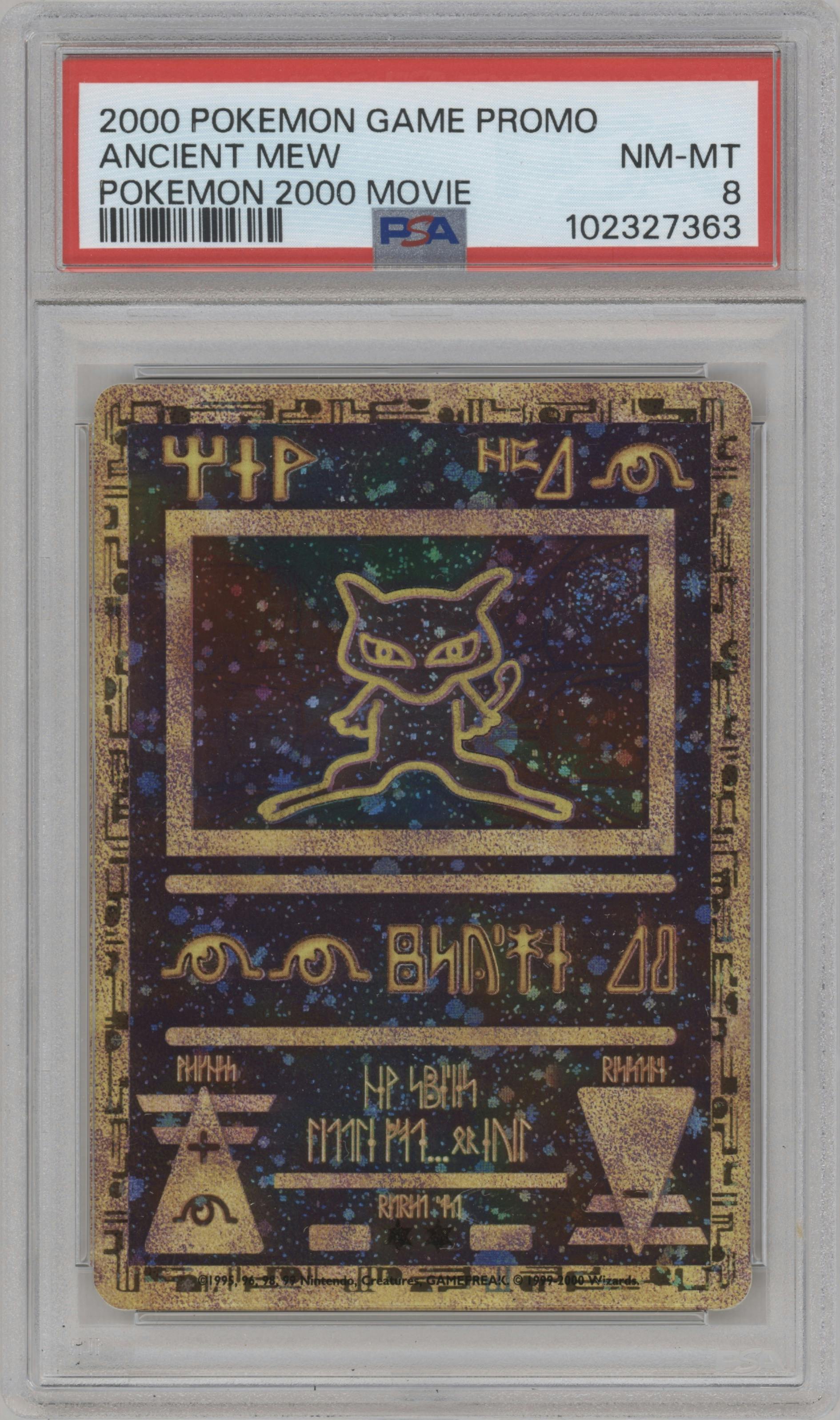 Ancient Mew from the 2000 Pokemon set graded by PSA and given an overall grade of 8.