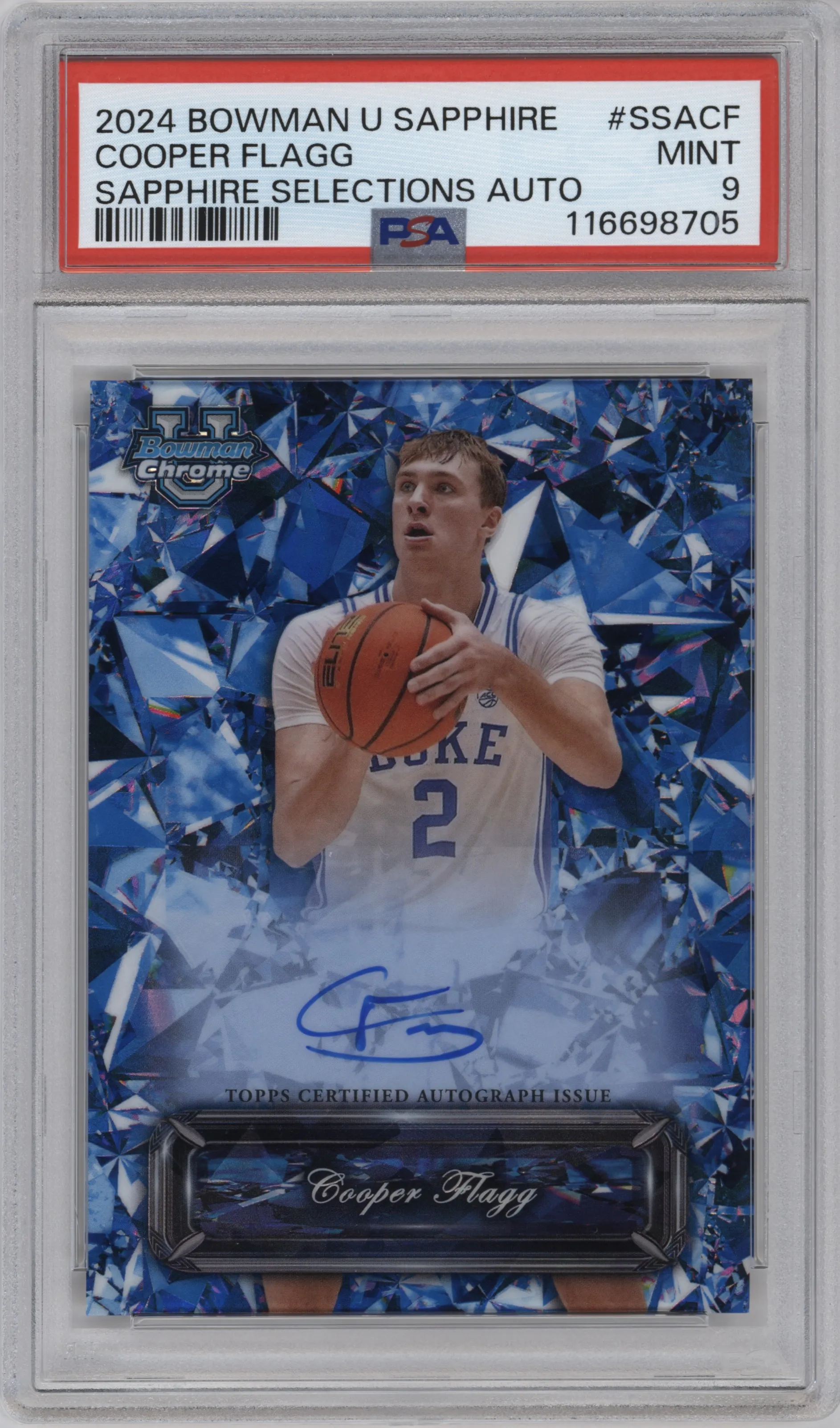 Cooper Flagg from the 2024-25 Bowman Chrome Sapphire University  set graded by PSA and given an overall grade of 9.