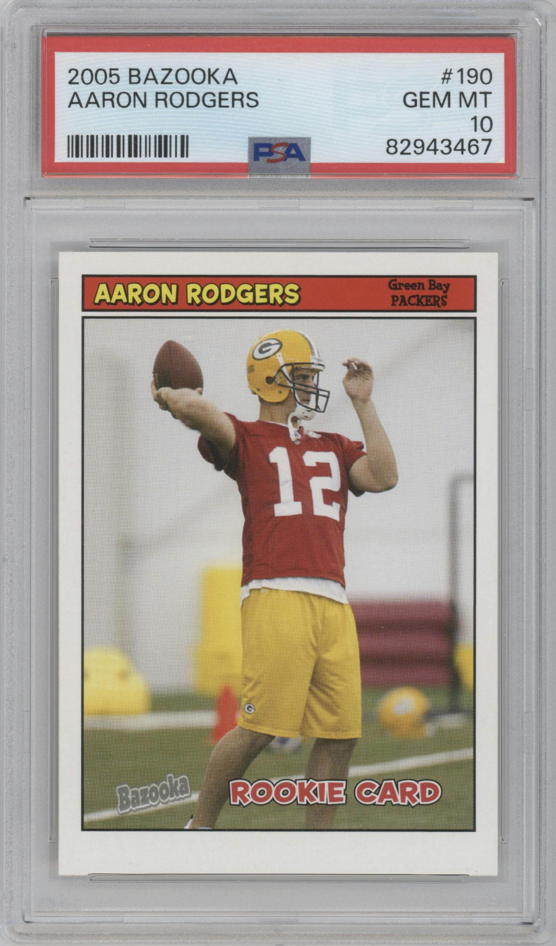 Aaron Rodgers from the 2005 Bazooka set graded by PSA and given an overall grade of 10.