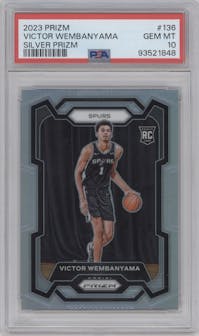 Victor Wembanyama from the 2023-24 Panini Prizm set featuring a Silver Prizm  parallel graded by PSA and given an overall grade of 10.