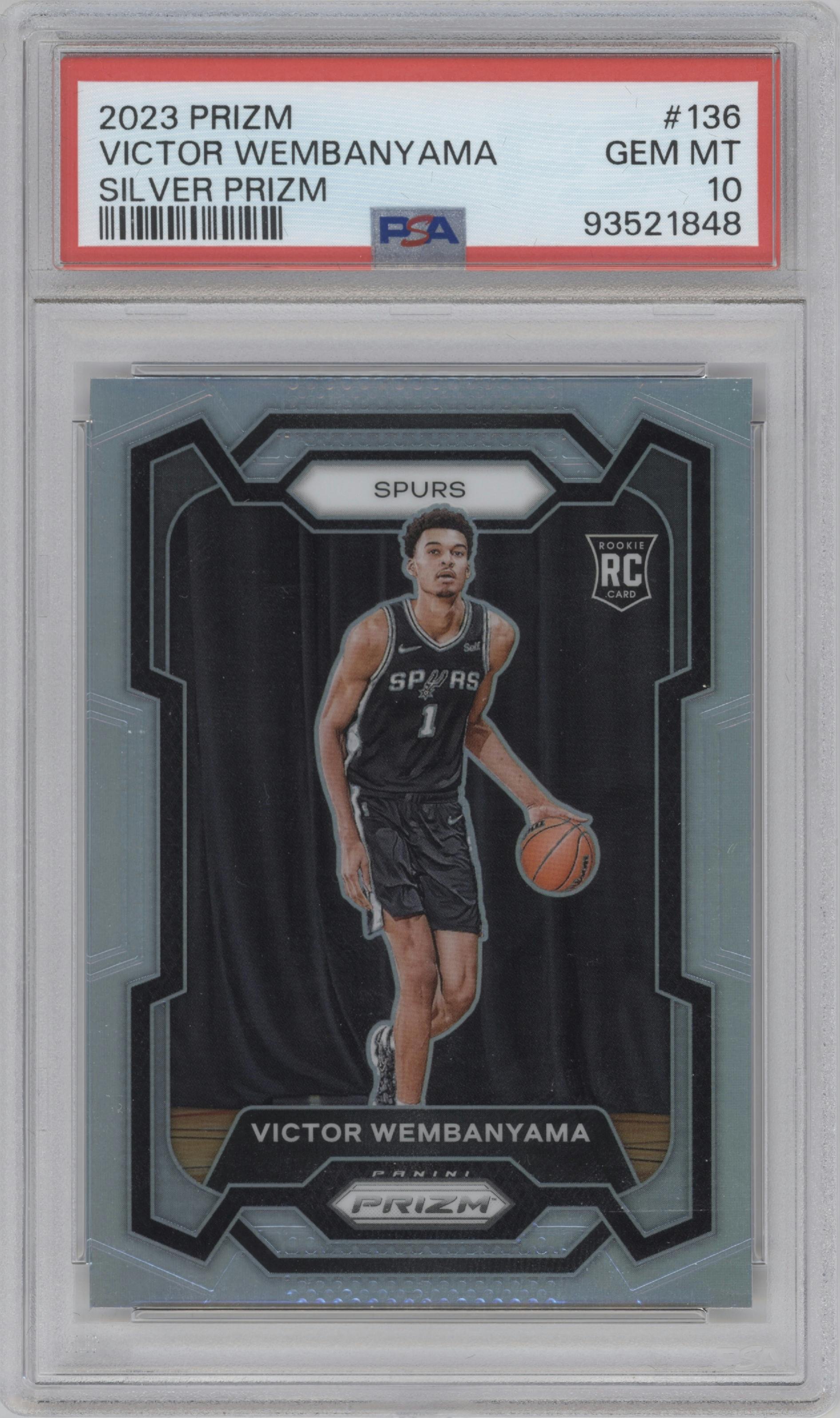 Victor Wembanyama from the 2023-24 Panini Prizm set featuring a Silver Prizm  parallel graded by PSA and given an overall grade of 10.