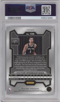 Victor Wembanyama from the 2023-24 Panini Prizm set featuring a Silver Prizm  parallel graded by PSA and given an overall grade of 10.