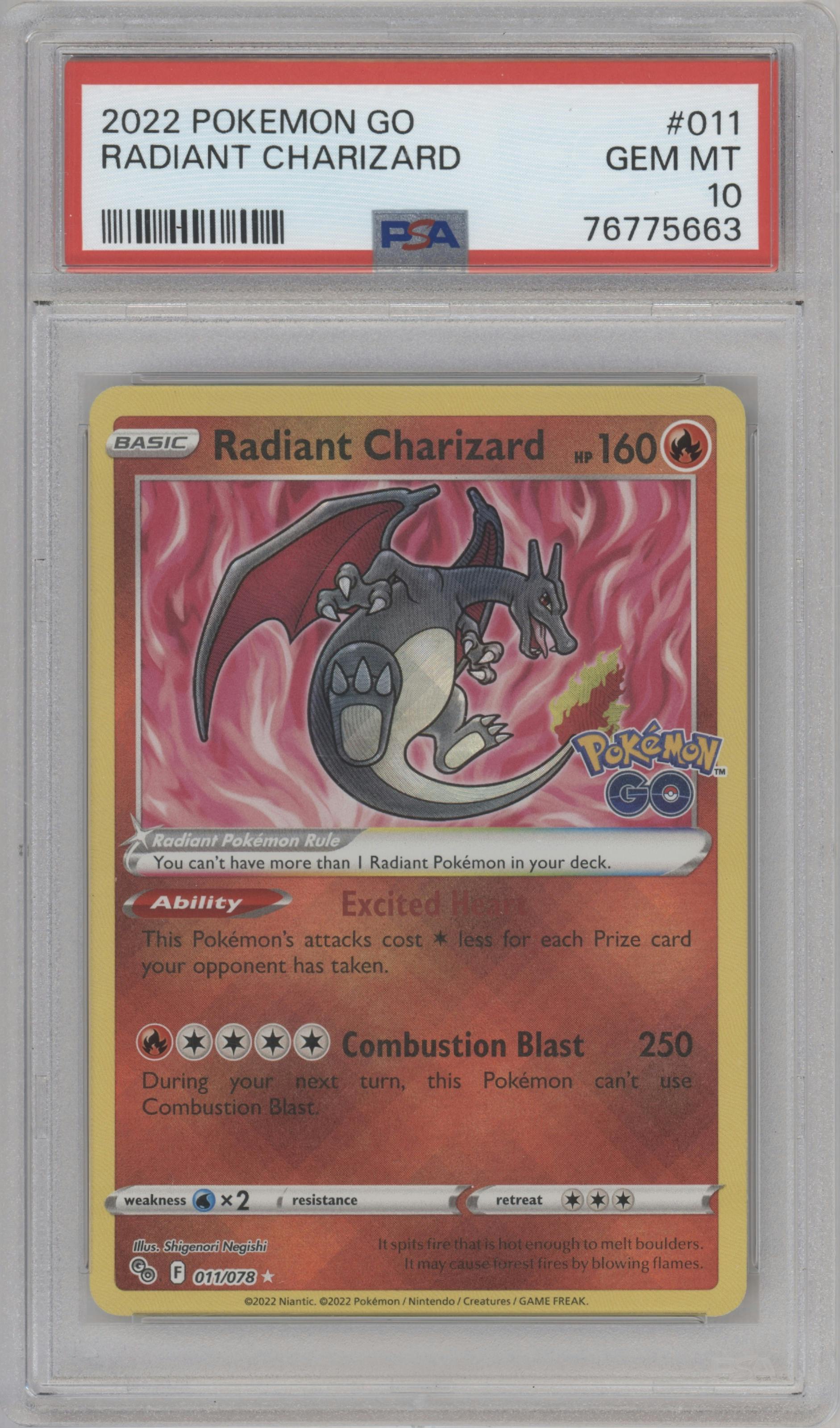 Radiant Charizard from the 2022 Pokemon SWSH set graded by PSA and given an overall grade of 10.