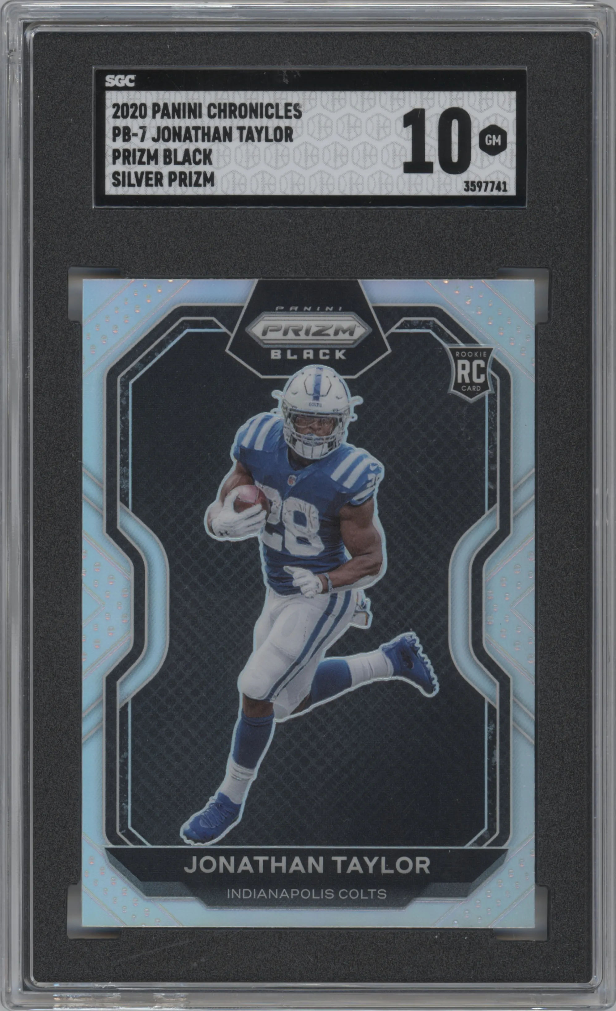Jonathan Taylor from the 2020 Panini Chronicles set featuring a Silver parallel graded by SGC and given an overall grade of 10.