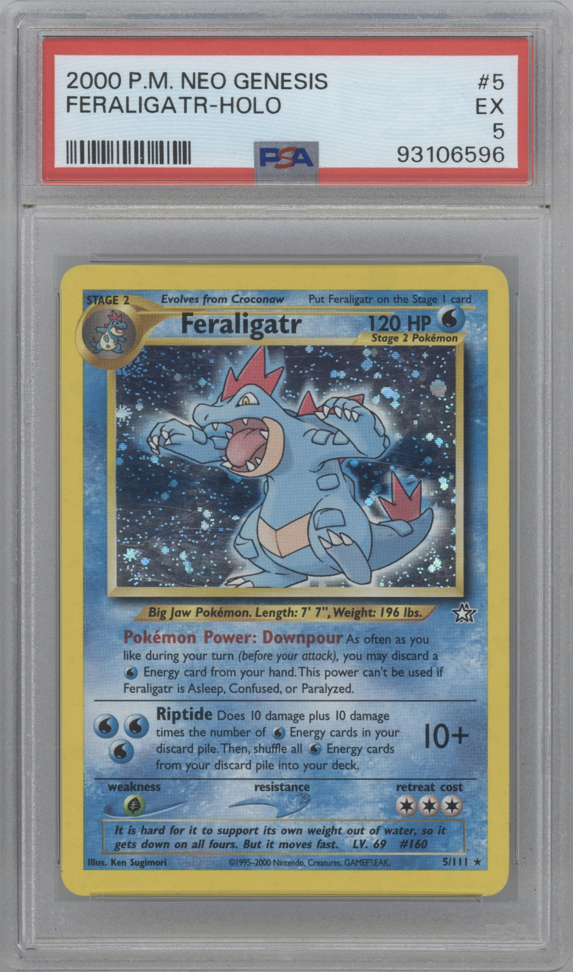 Feraligatr from the 2000 Pokemon Neo Genesis set graded by PSA and given an overall grade of 5.