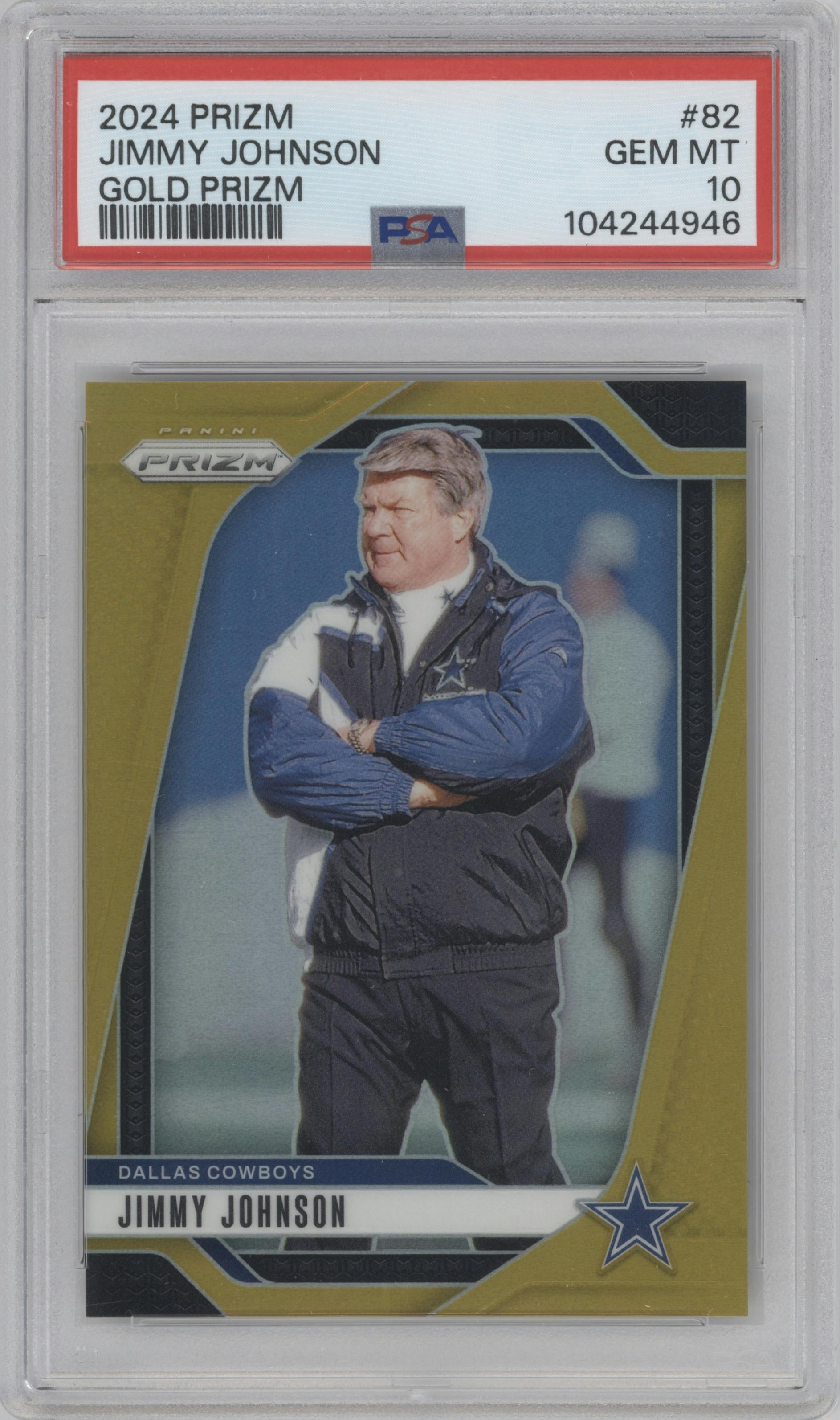 Jimmy Johnson from the 2024 Panini Prizm set featuring a Gold Prizm parallel graded by PSA and given an overall grade of 10.
