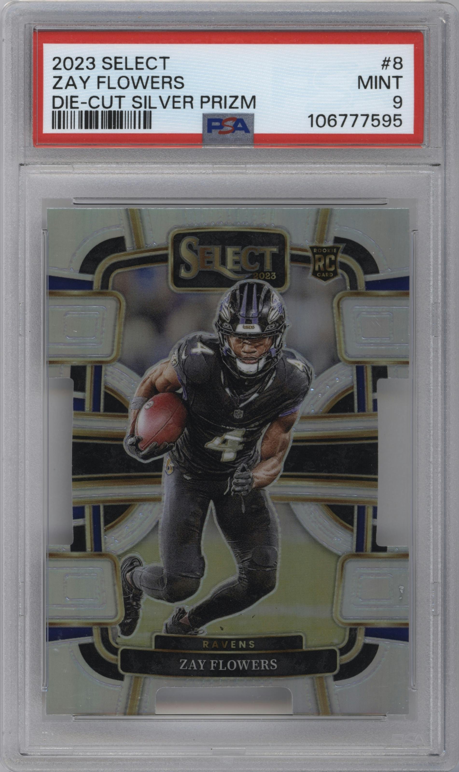Zay Flowers from the 2023 Panini Select set featuring a Die-Cut Silver  parallel graded by PSA and given an overall grade of 9.