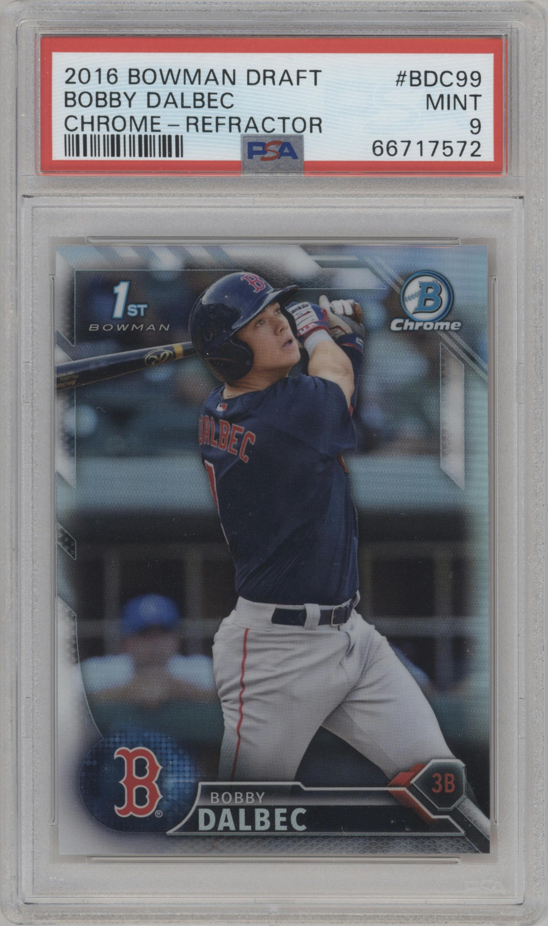Bobby Dalbec from the 2016 Bowman Draft set featuring a Refractor parallel graded by PSA and given an overall grade of 9.