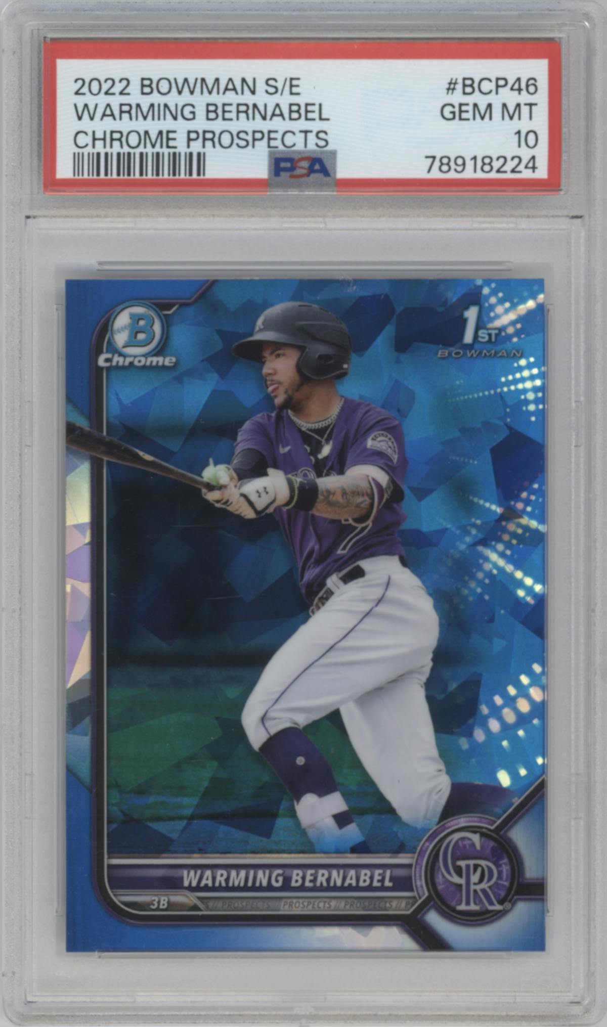 Warming Bernabel from the 2022 Bowman Sapphire Edition set graded by PSA and given an overall grade of 10.