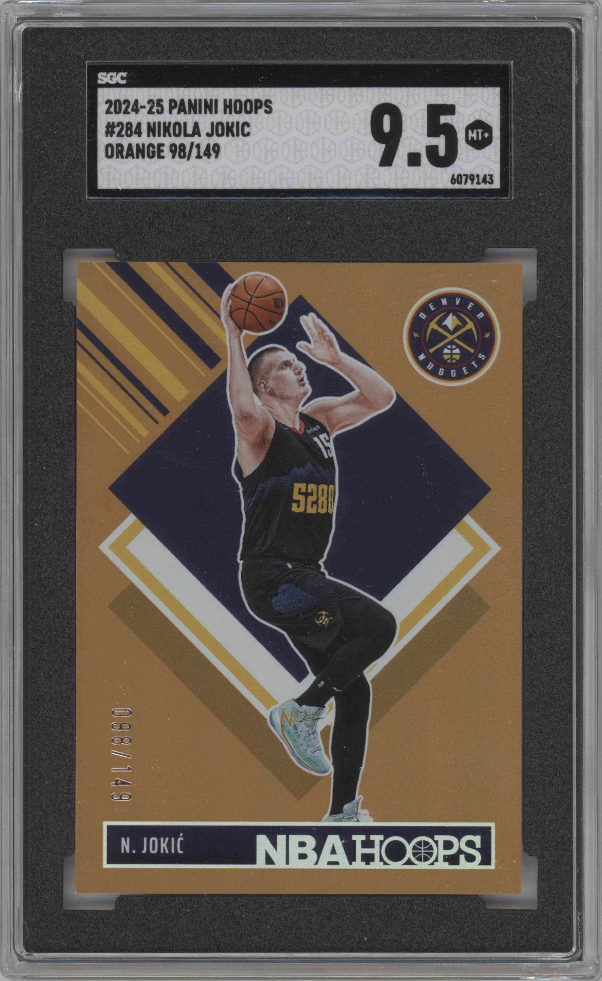 Nikola Jokic from the 2024-25 Panini NBA Hoops set featuring a Orange parallel graded by SGC and given an overall grade of 9.5.