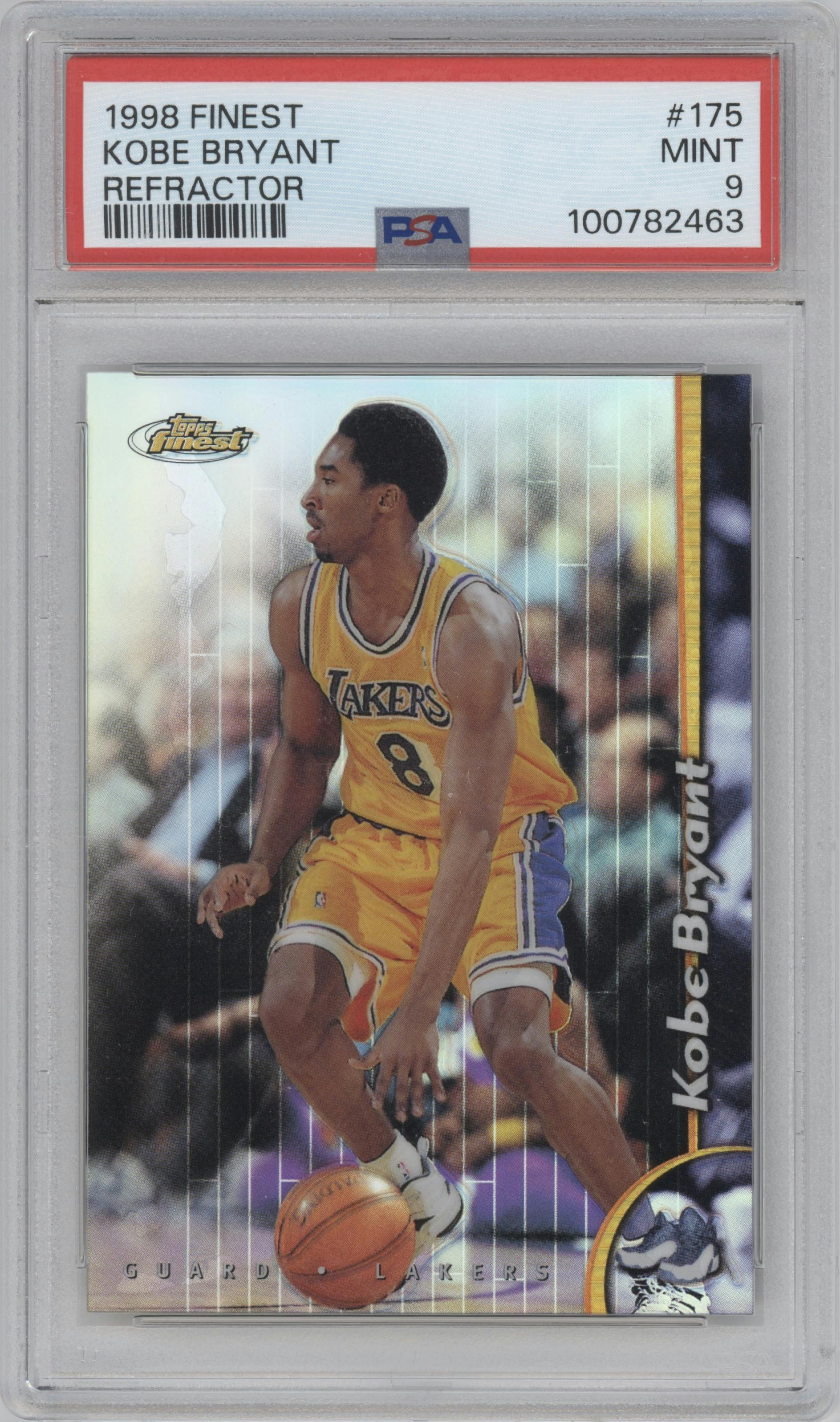 Kobe Bryant from the 1998-99 Topps Finest set featuring a Refractor parallel graded by PSA and given an overall grade of 9.