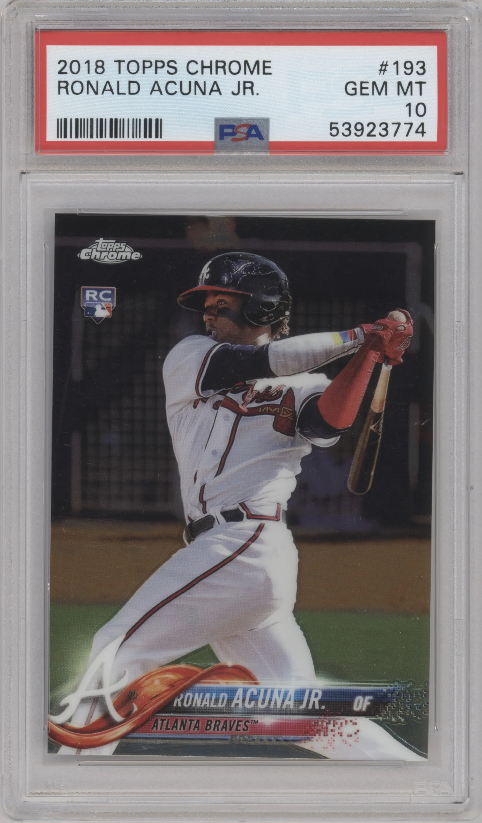 Ronald Acuna Jr. from the 2018 Topps Chrome set graded by PSA and given an overall grade of 10.