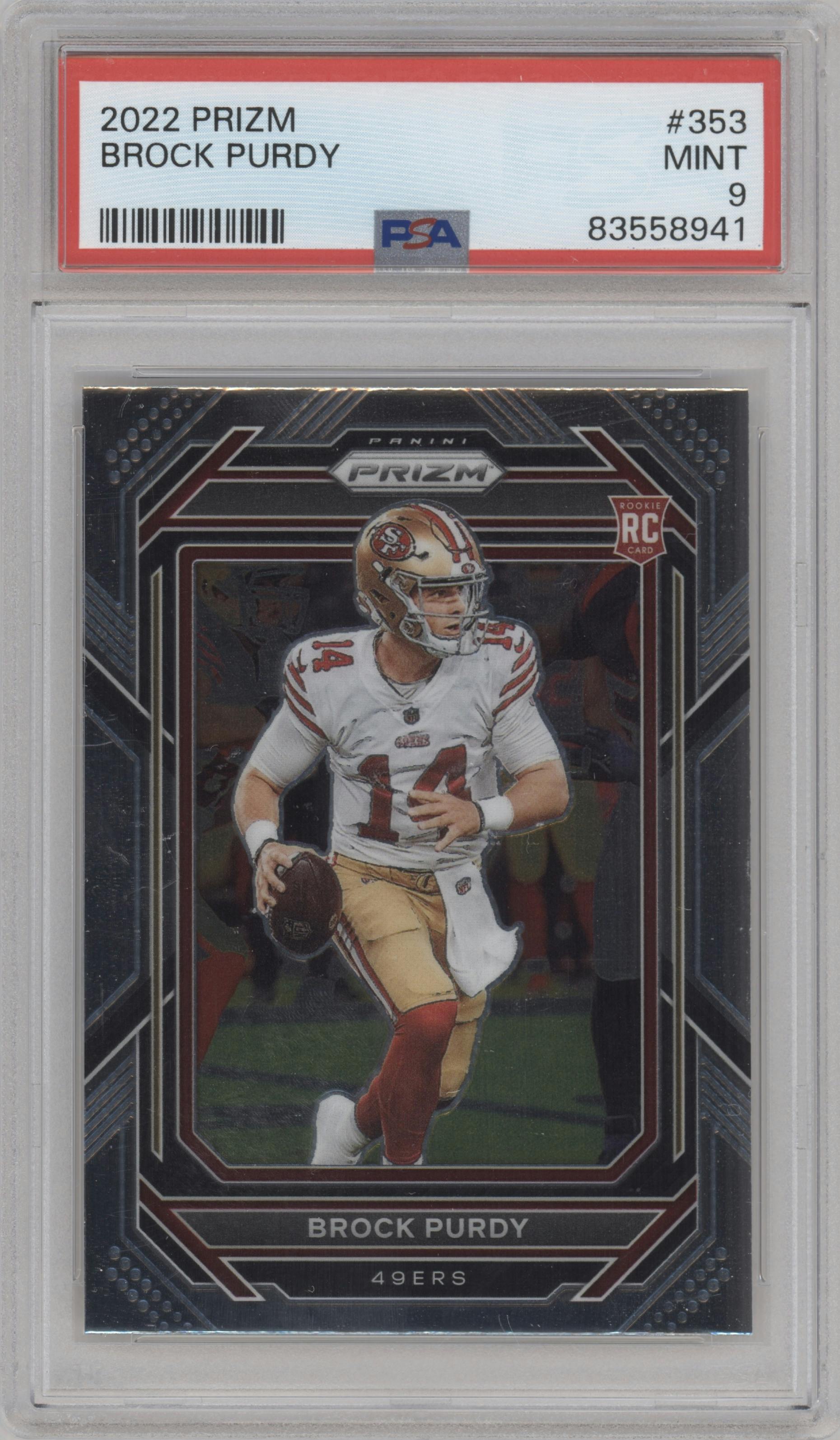 Brock Purdy from the 2022 Panini Prizm set graded by PSA and given an overall grade of 9.