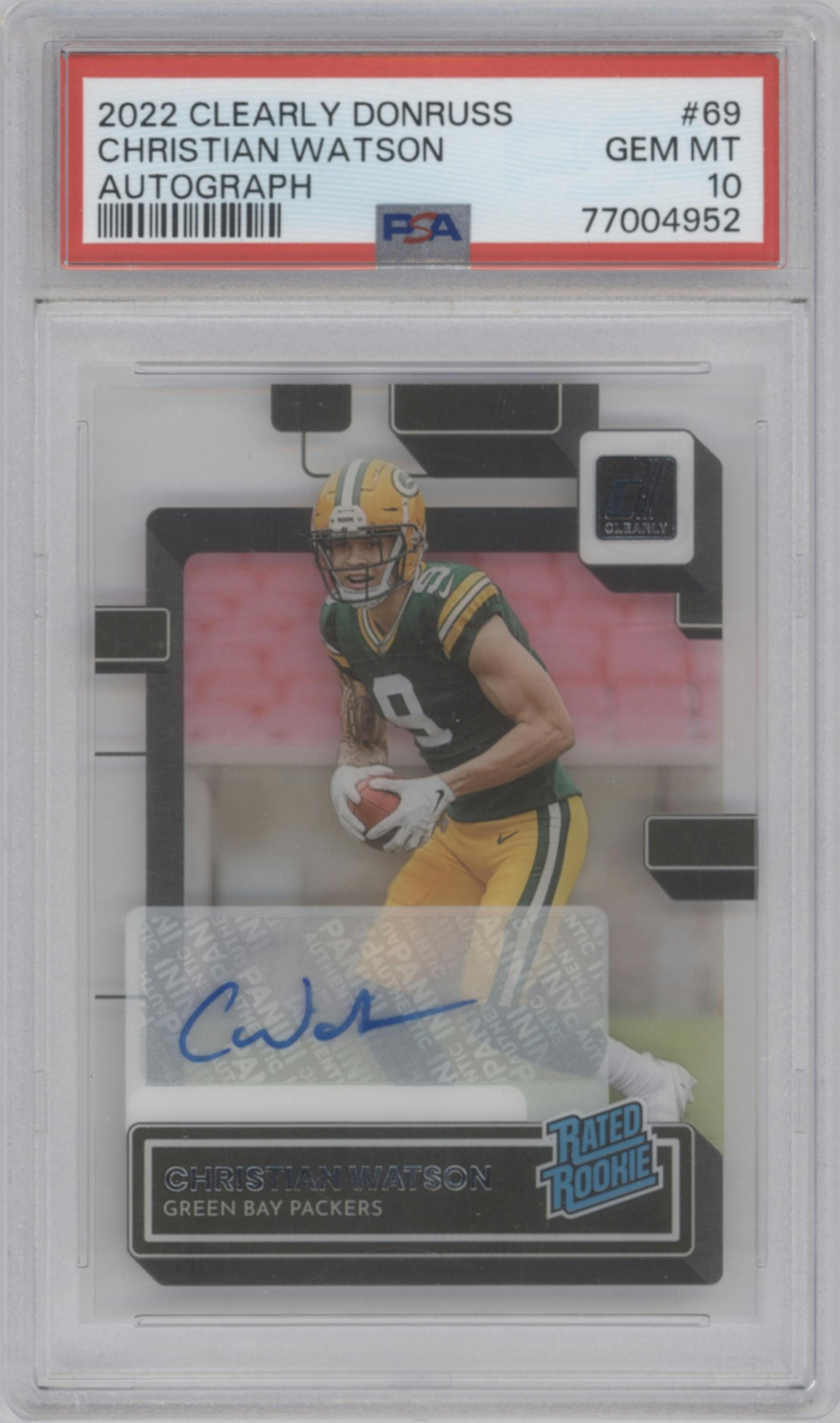 Christian Watson  from the 2022 Clearly Donruss set graded by PSA and given an overall grade of 10.