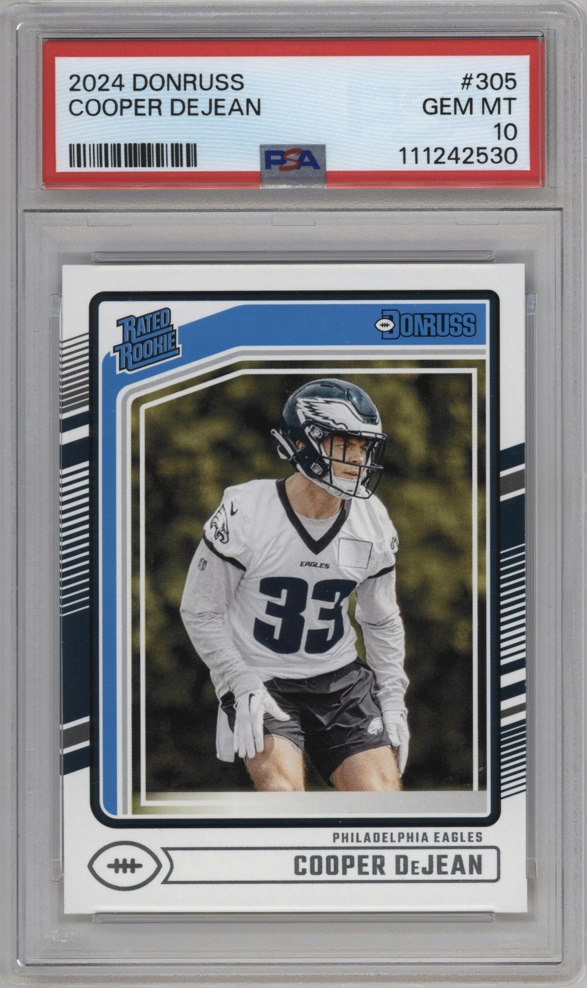 Cooper DeJean from the 2024 Donruss set graded by PSA and given an overall grade of 10.