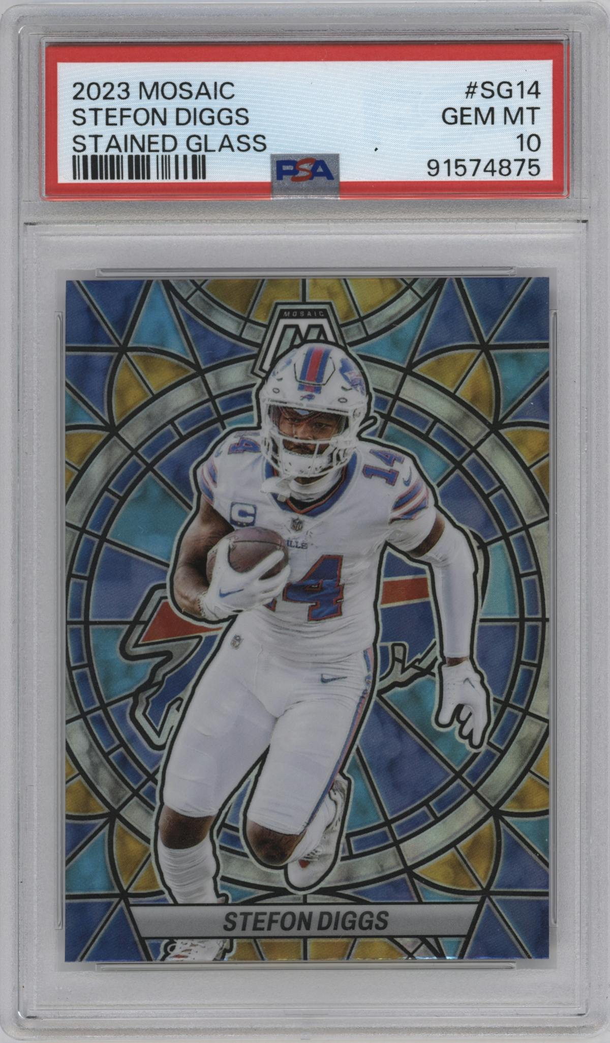 Stefon Diggs from the 2023 Panini Mosaic set graded by PSA and given an overall grade of 10.