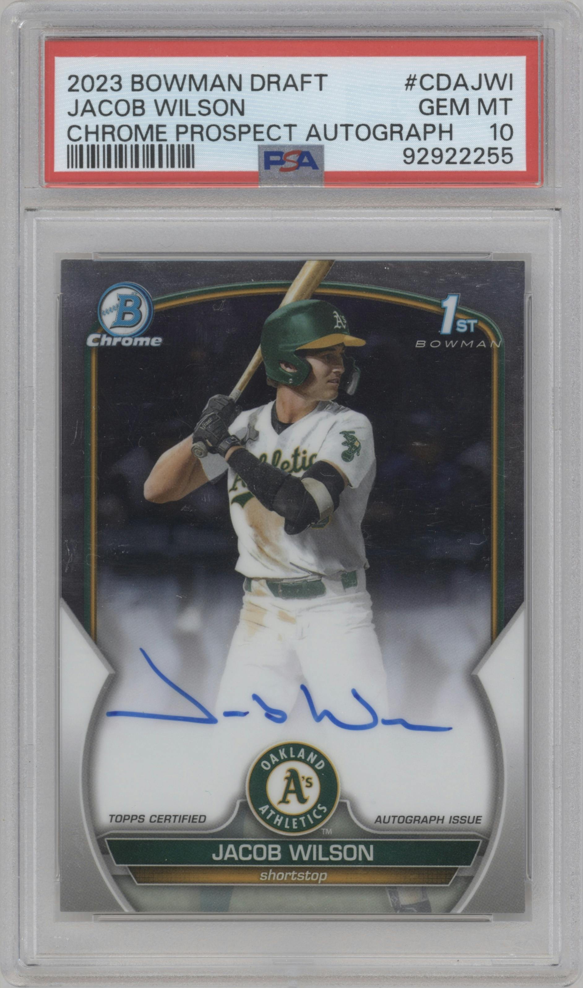 Jacob Wilson from the 2023 Bowman Draft set graded by PSA and given an overall grade of 10.