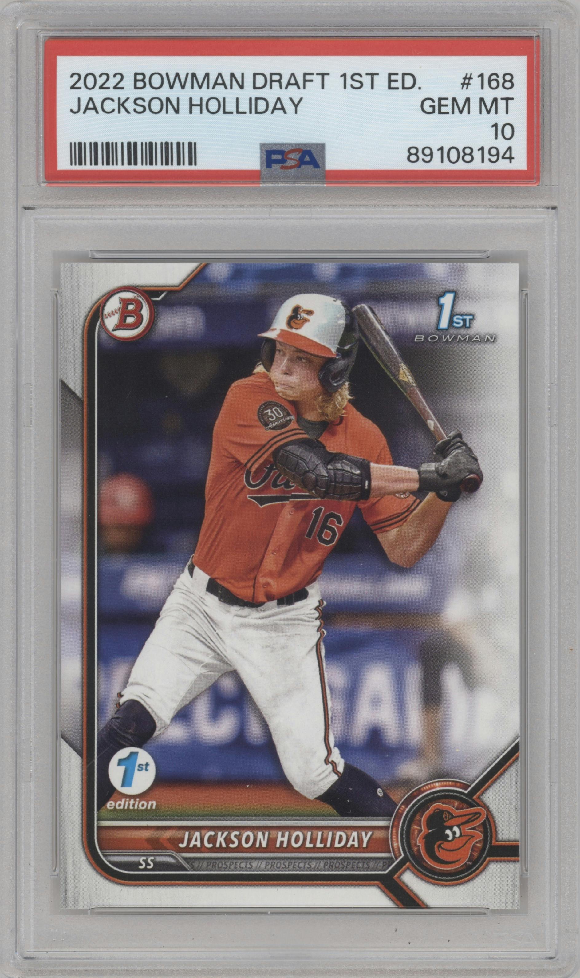 Jackson Holliday from the 2022 Bowman Draft 1st Edition set graded by PSA and given an overall grade of 10.