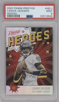 Lamar Jackson from the 2020 Panini Prestige set graded by PSA and given an overall grade of 9.