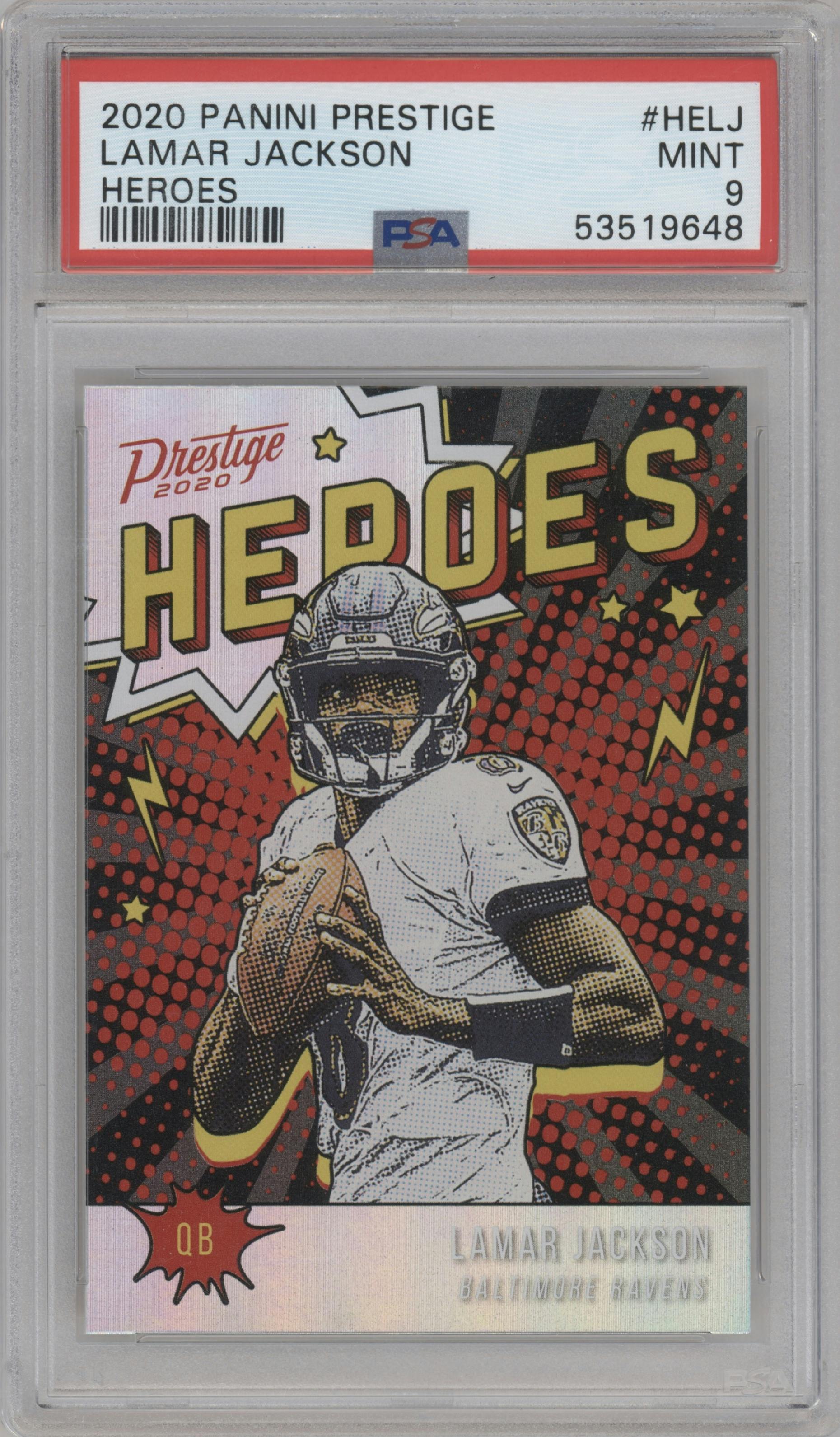 Lamar Jackson from the 2020 Panini Prestige set graded by PSA and given an overall grade of 9.