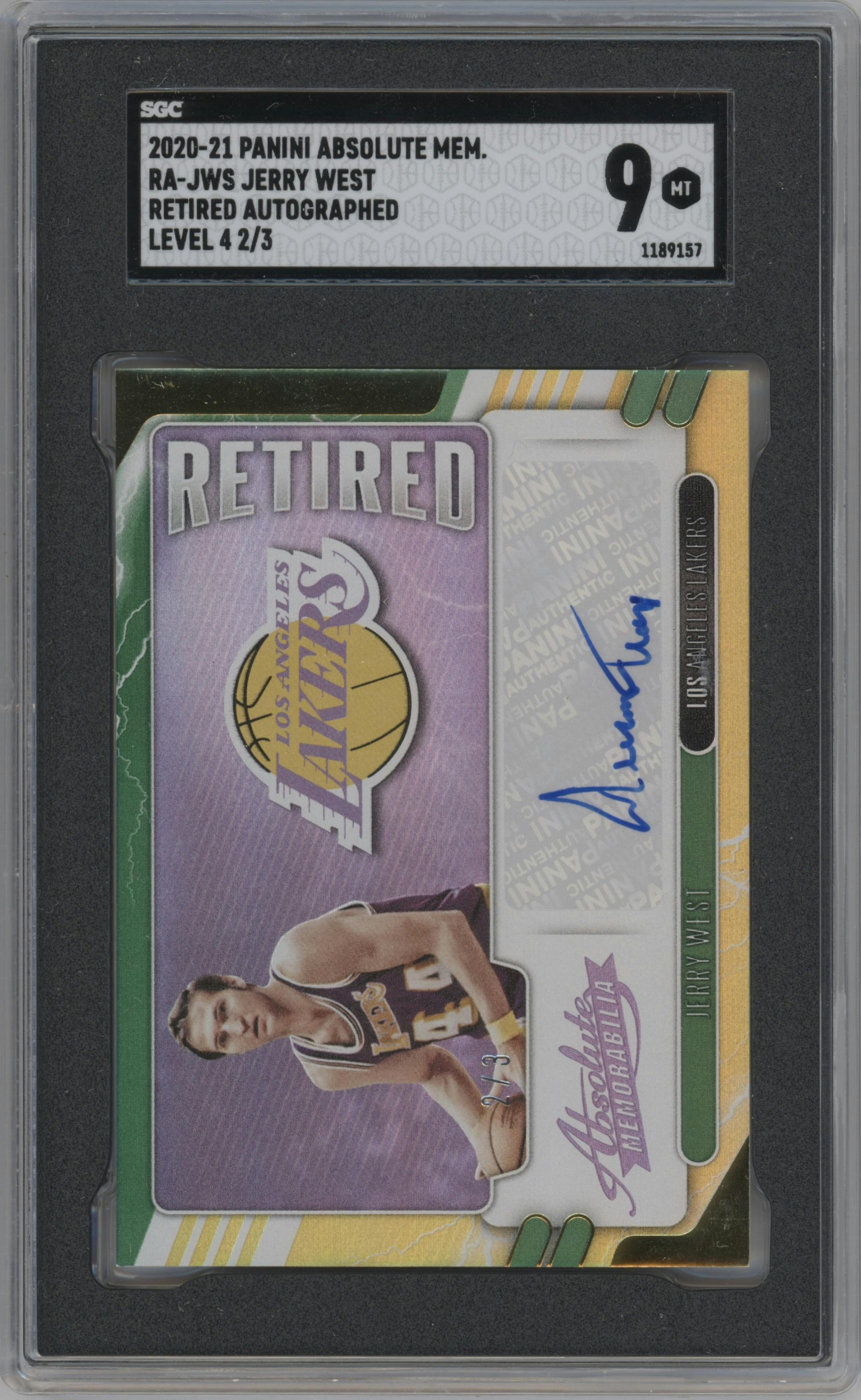 Jerry West from the 2020-21 Panini Absolute Memorabilia set featuring a Level 4 parallel graded by SGC and given an overall grade of 9.