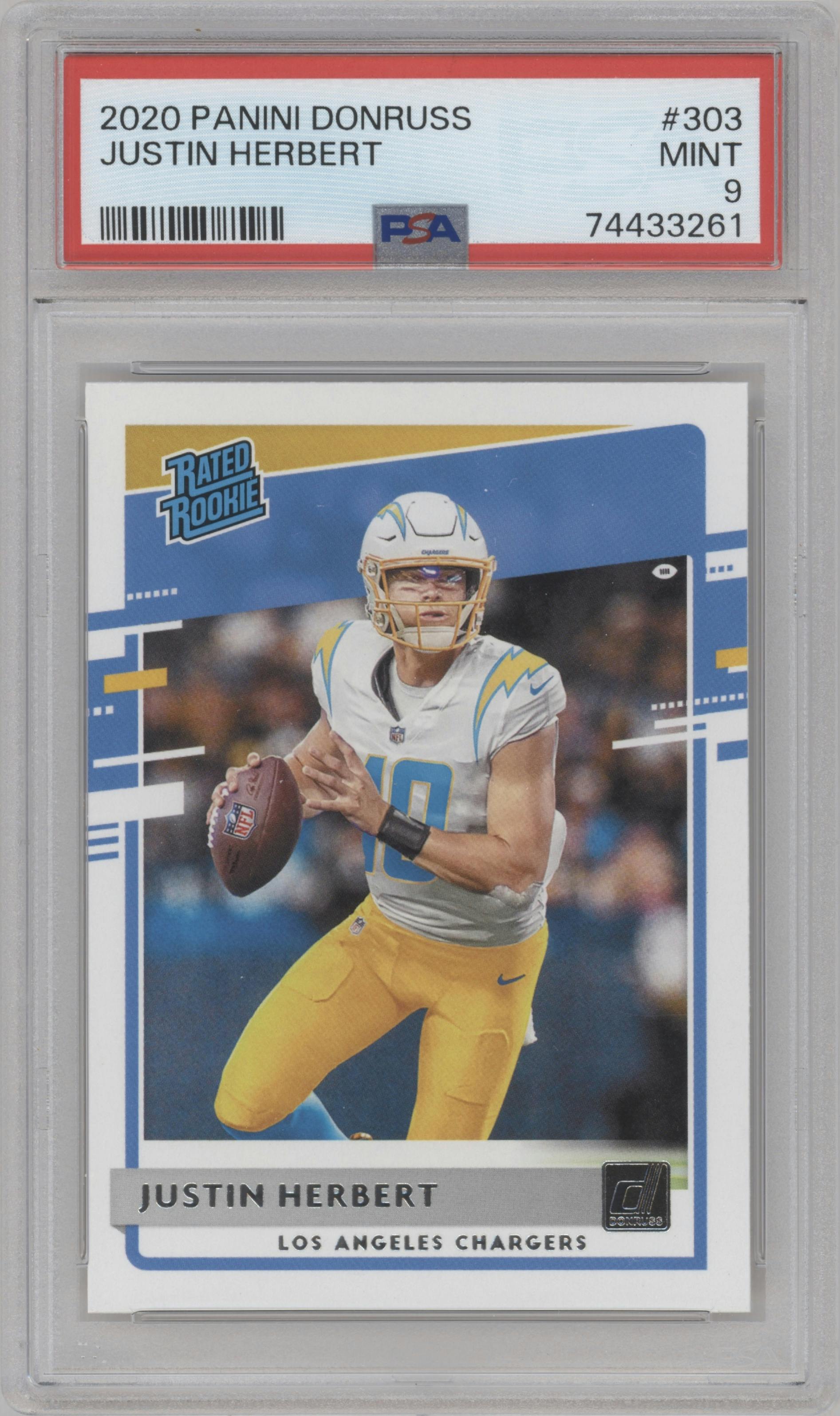 Justin Herbert from the 2020 Panini Donruss set graded by PSA and given an overall grade of 9.