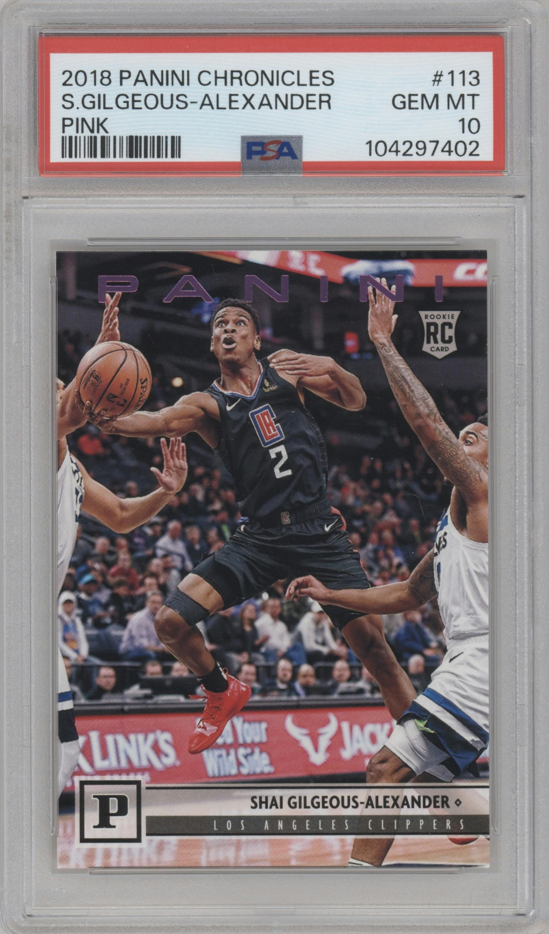 Shai Gilgeous-Alexander from the 2018-19 Panini Chronicles set featuring a Pink parallel graded by PSA and given an overall grade of 10.